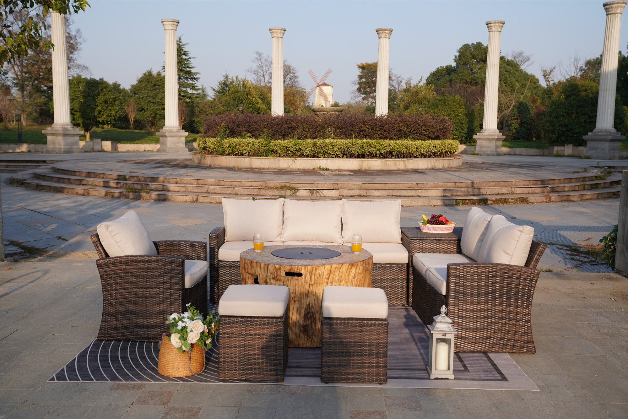 Abrihome Aurora 7PCS Patio Garden Rattan Wicker Dining Sofa Fire Table Set (PAS-1403B+2180)