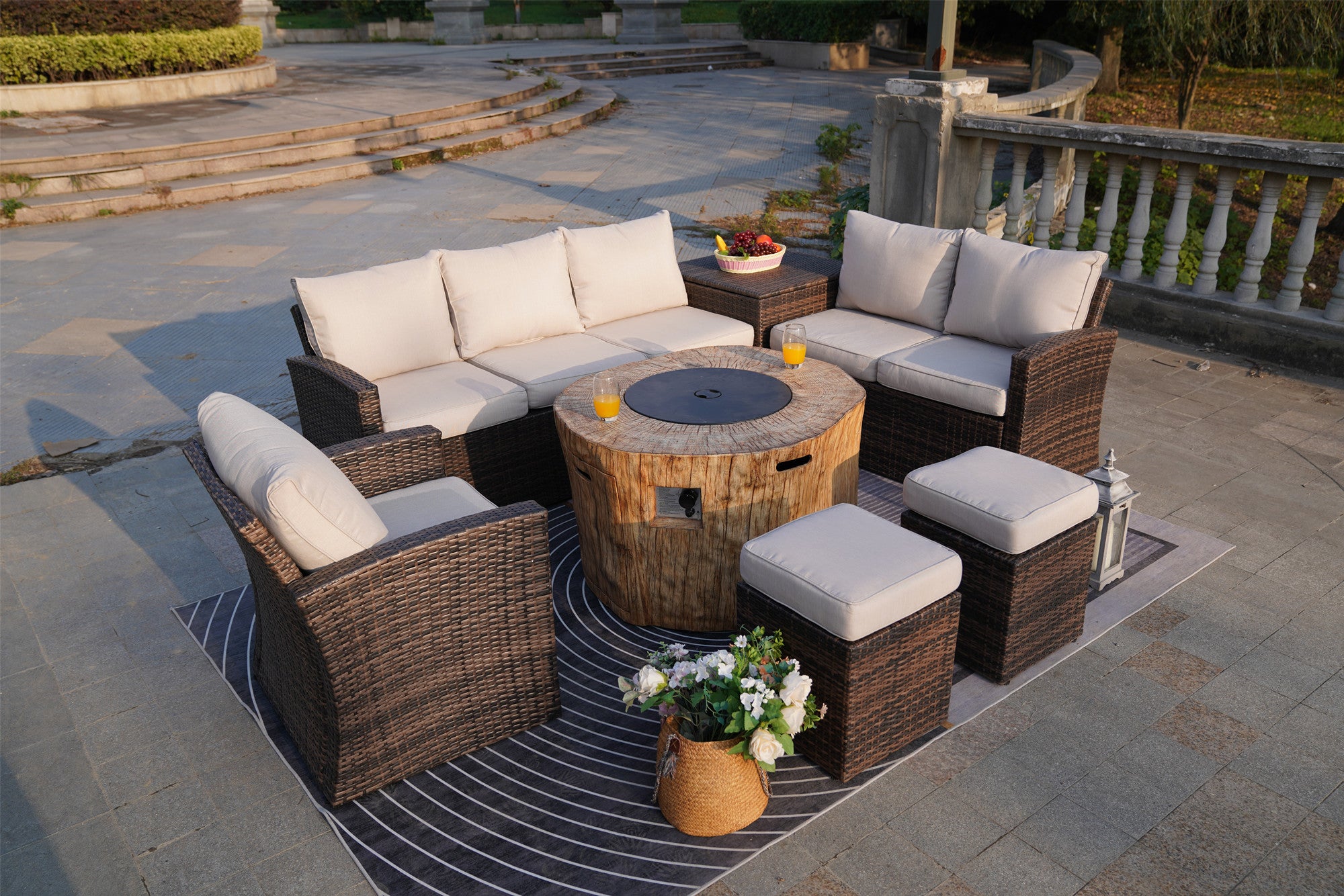 Abrihome Aurora 7PCS Patio Garden Rattan Wicker Dining Sofa Fire Table Set (PAS-1403B+2180)