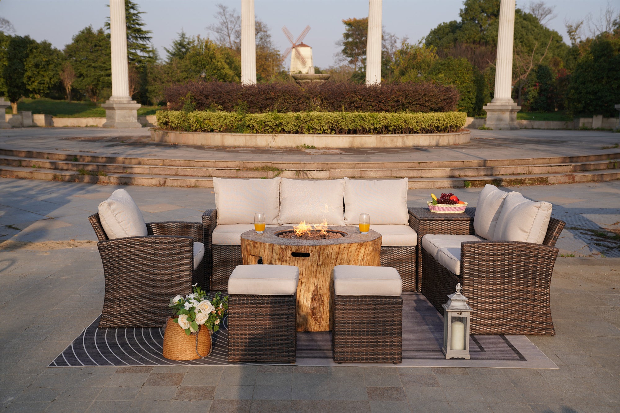 Abrihome Aurora 7PCS Patio Garden Rattan Wicker Dining Sofa Fire Table Set (PAS-1403B+2180)