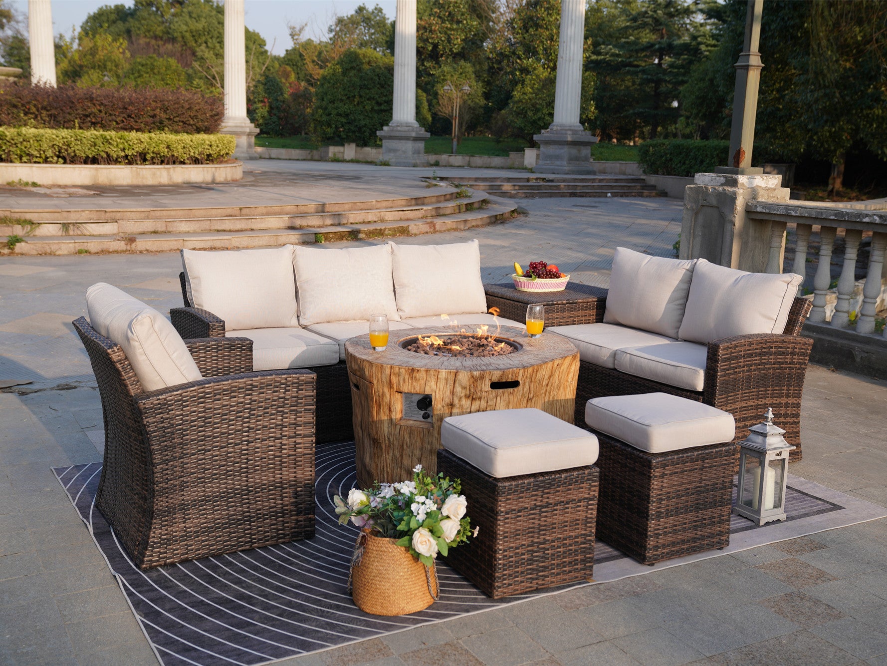 Abrihome Aurora 7PCS Patio Garden Rattan Wicker Dining Sofa Fire Table Set (PAS-1403B+2180)