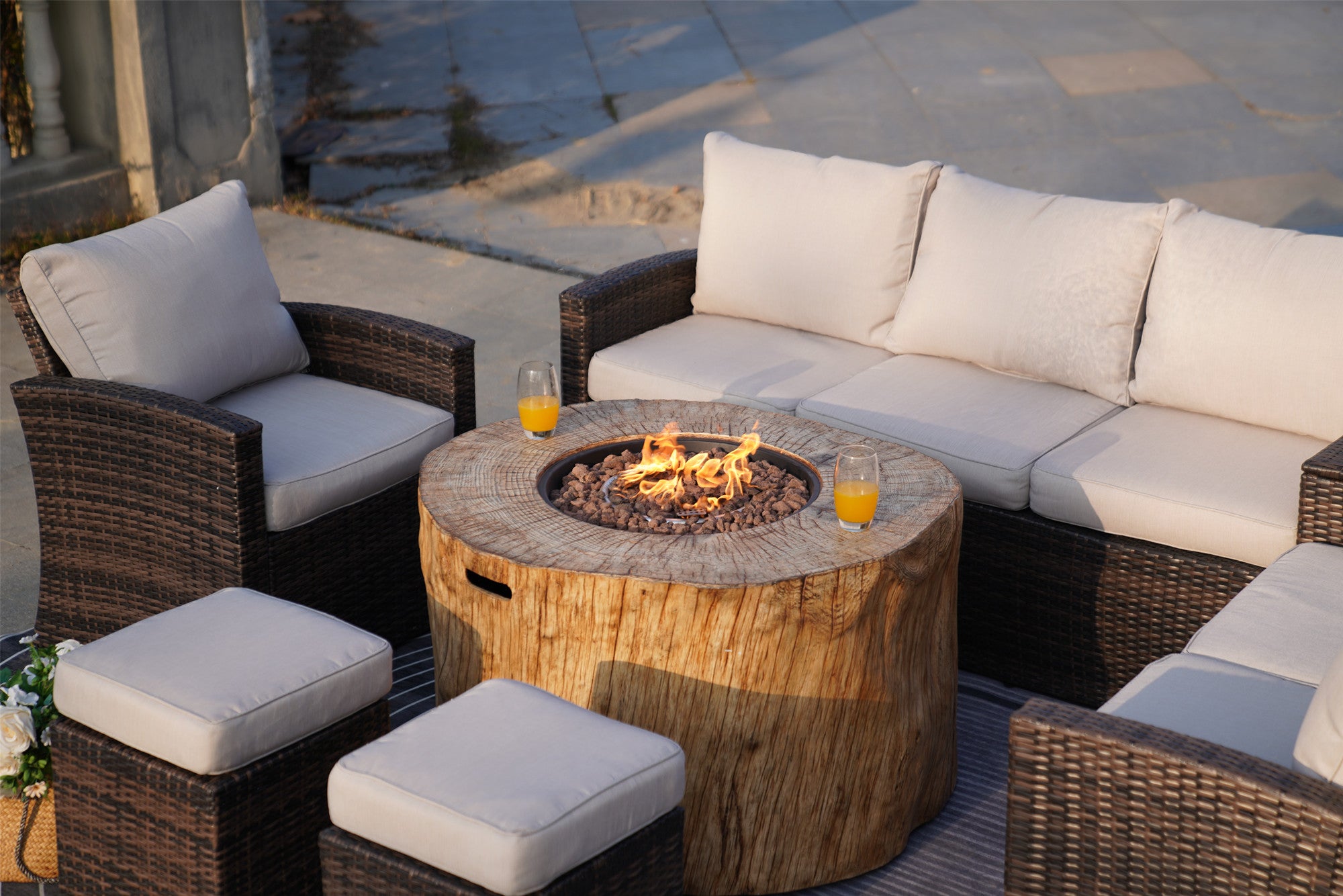 Abrihome Aurora 7PCS Patio Garden Rattan Wicker Dining Sofa Fire Table Set (PAS-1403B+2180)