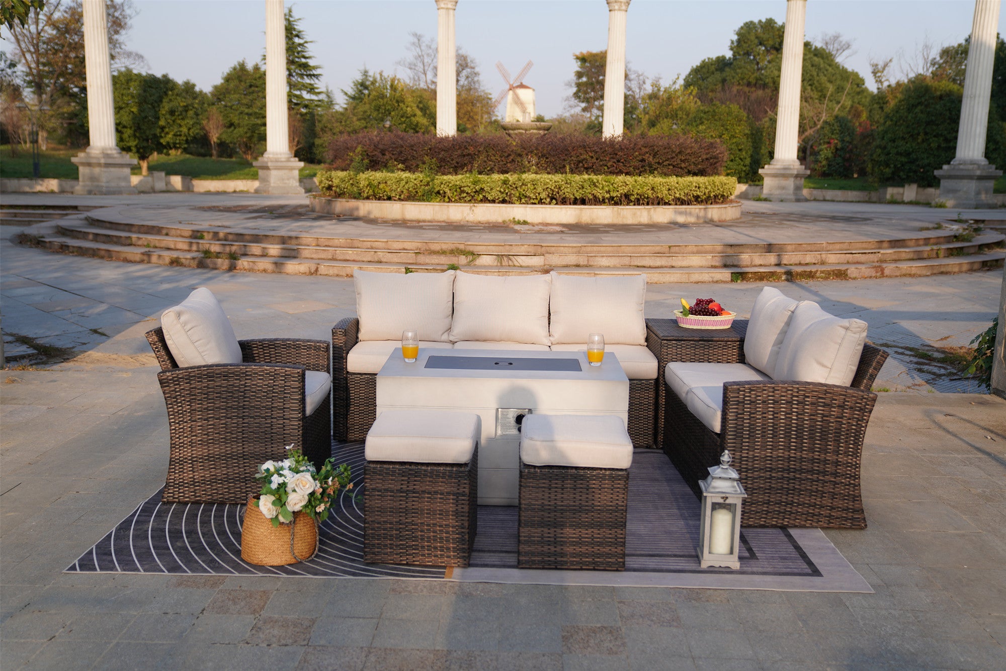 Abrihome Aurora 7PCS Patio Garden Rattan Wicker Dining Sofa Fire Table Set (PAS-1403B+2150)