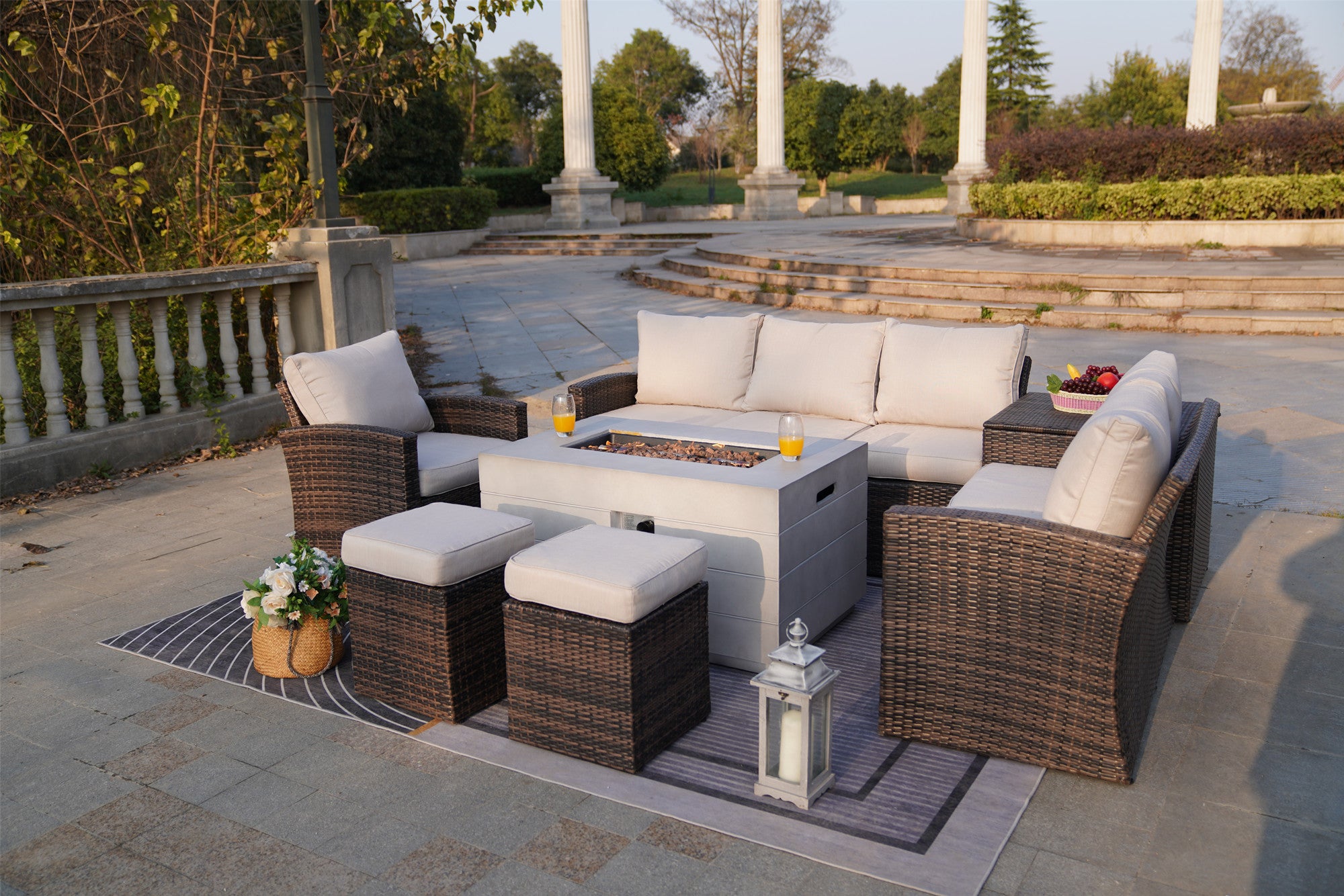Abrihome Aurora 7PCS Patio Garden Rattan Wicker Dining Sofa Fire Table Set (PAS-1403B+2150)
