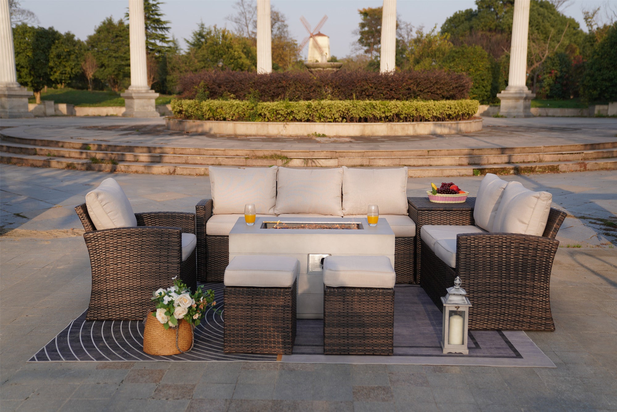 Abrihome Aurora 7PCS Patio Garden Rattan Wicker Dining Sofa Fire Table Set (PAS-1403B+2150)