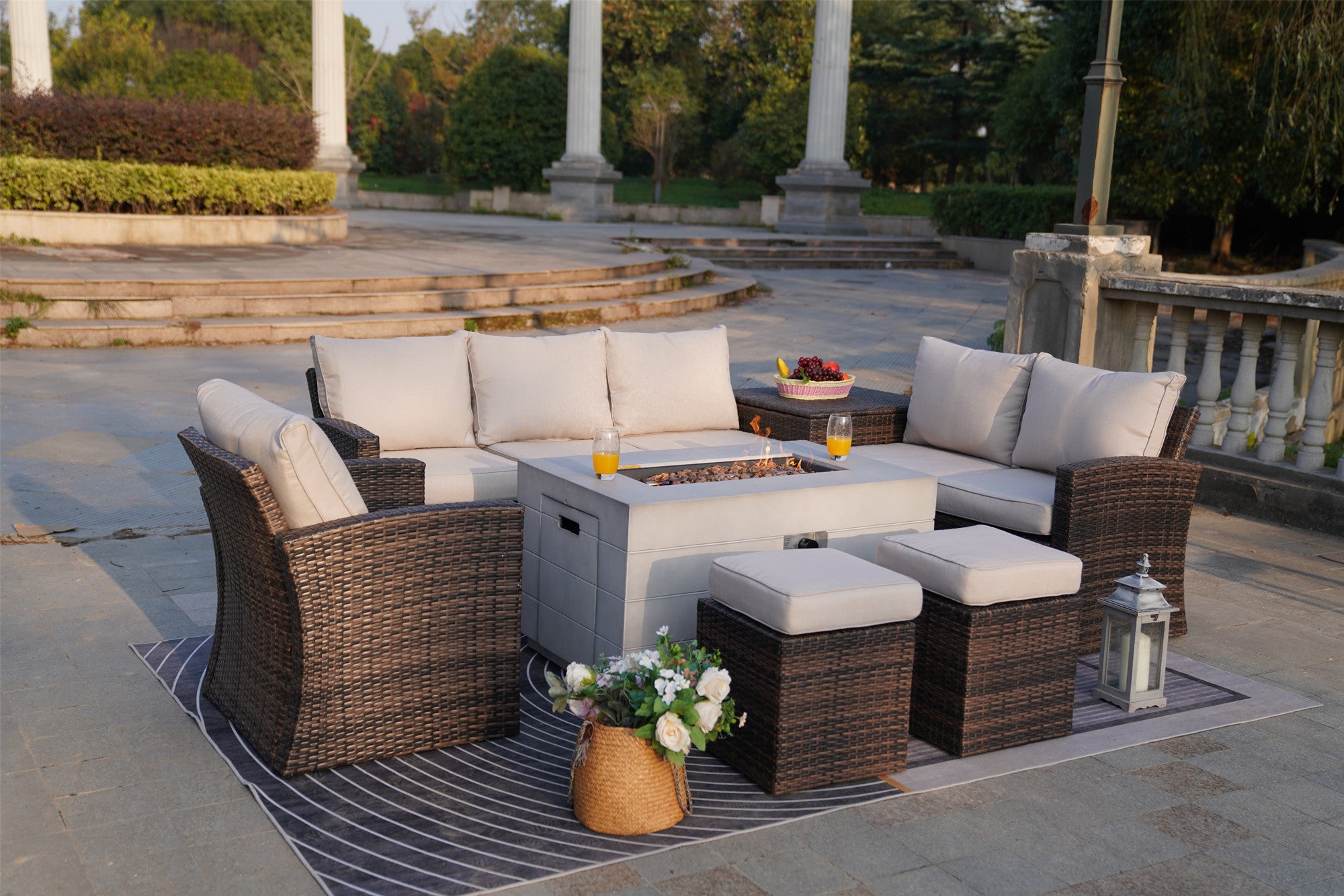 Abrihome Aurora 7PCS Patio Garden Rattan Wicker Dining Sofa Fire Table Set (PAS-1403B+2150)