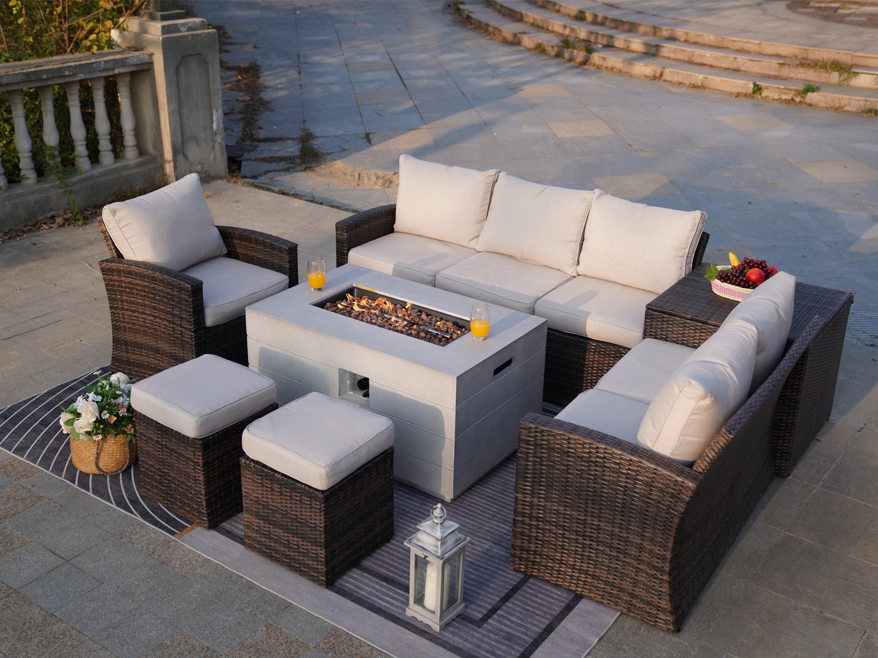 Abrihome Aurora 7PCS Patio Garden Rattan Wicker Dining Sofa Fire Table Set (PAS-1403B+2150)