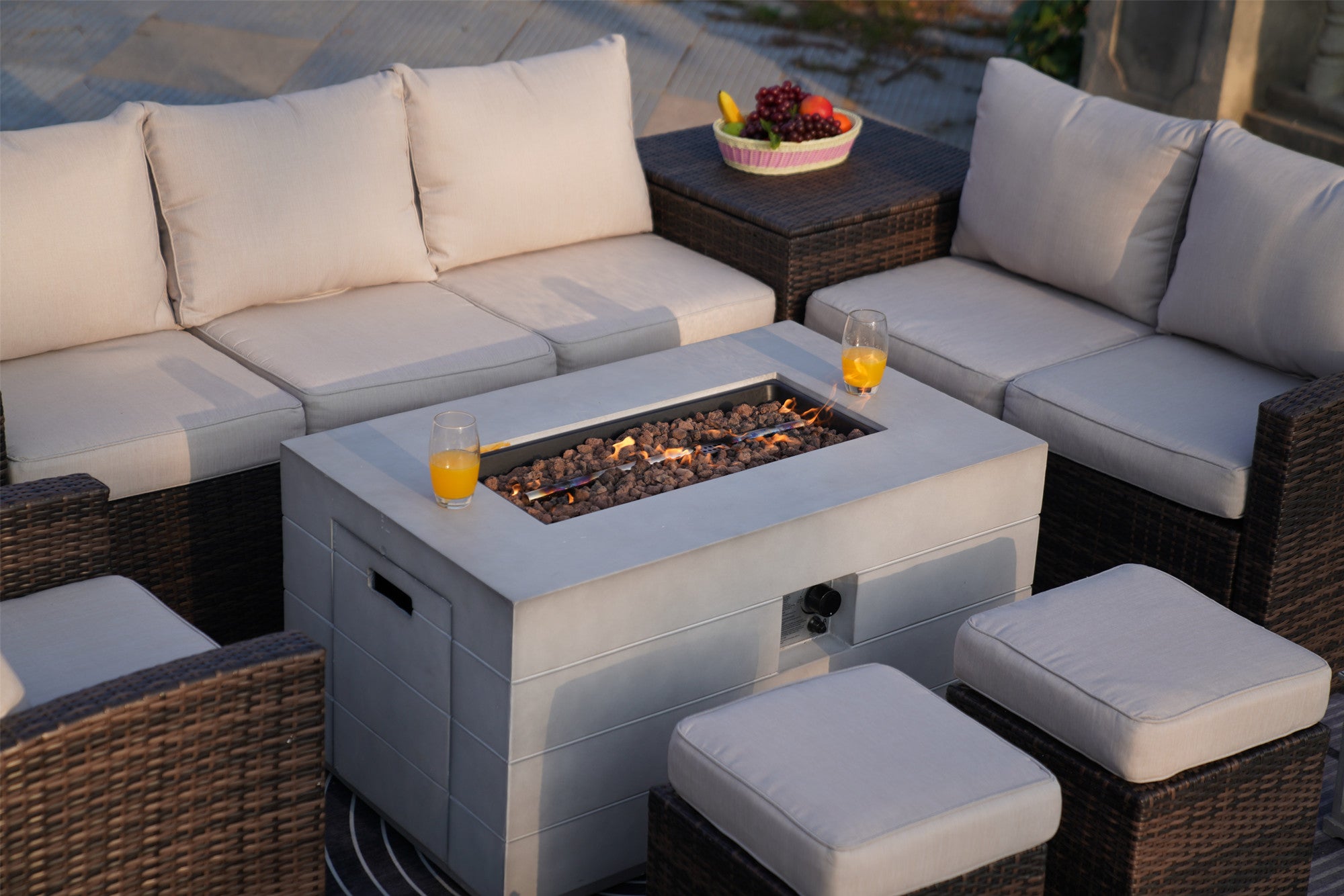Abrihome Aurora 7PCS Patio Garden Rattan Wicker Dining Sofa Fire Table Set (PAS-1403B+2150)