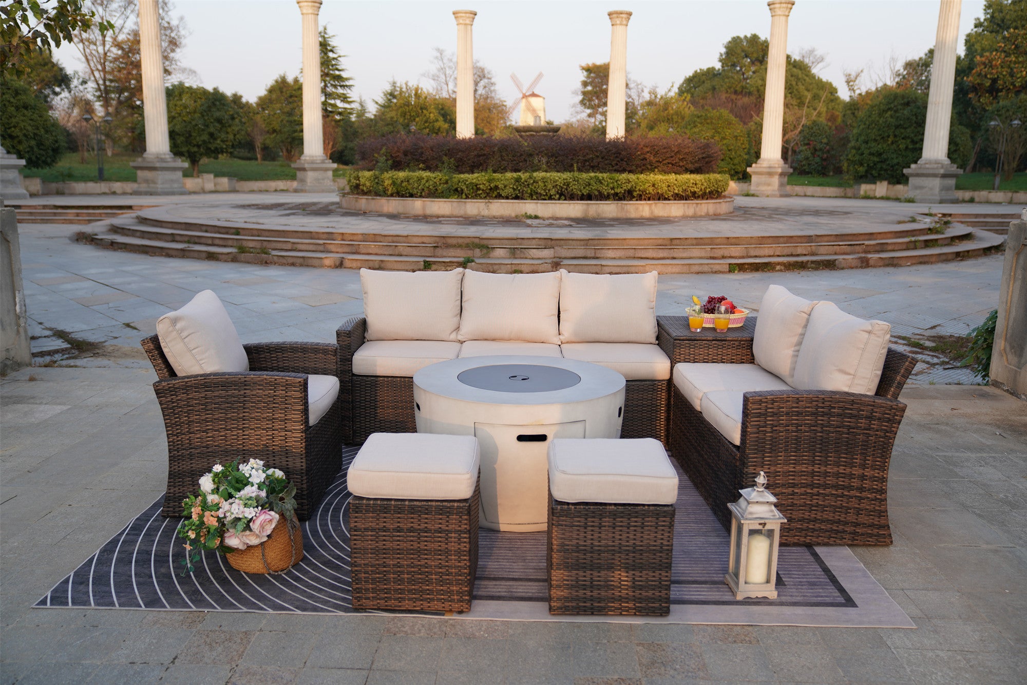 Abrihome Aurora 7PCS Patio Garden Rattan Wicker Dining Sofa Fire Table Set (PAS-1403B+2160)