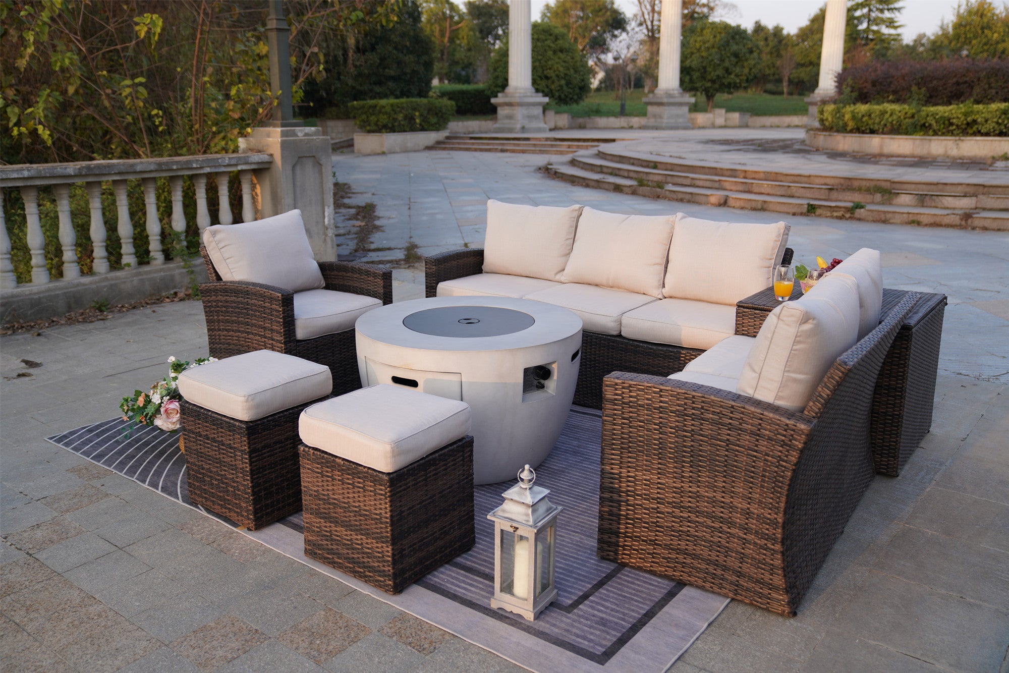 Abrihome Aurora 7PCS Patio Garden Rattan Wicker Dining Sofa Fire Table Set (PAS-1403B+2160)