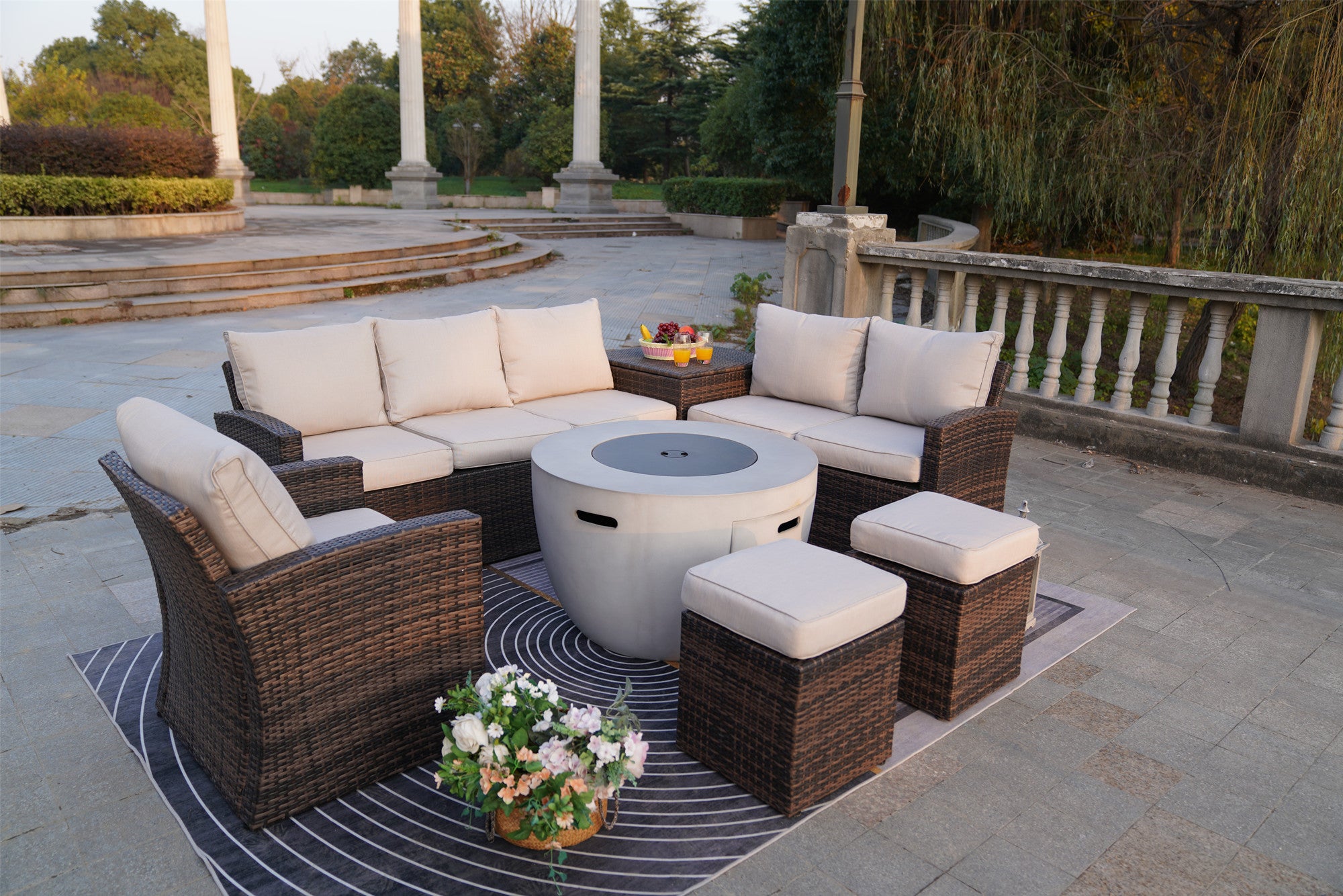 Abrihome Aurora 7PCS Patio Garden Rattan Wicker Dining Sofa Fire Table Set (PAS-1403B+2160)
