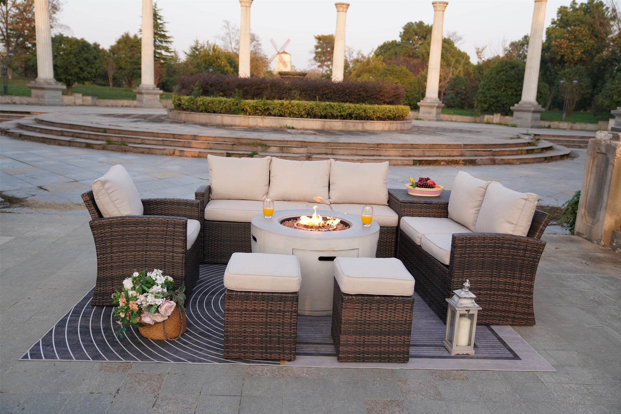 Abrihome Aurora 7PCS Patio Garden Rattan Wicker Dining Sofa Fire Table Set (PAS-1403B+2160)