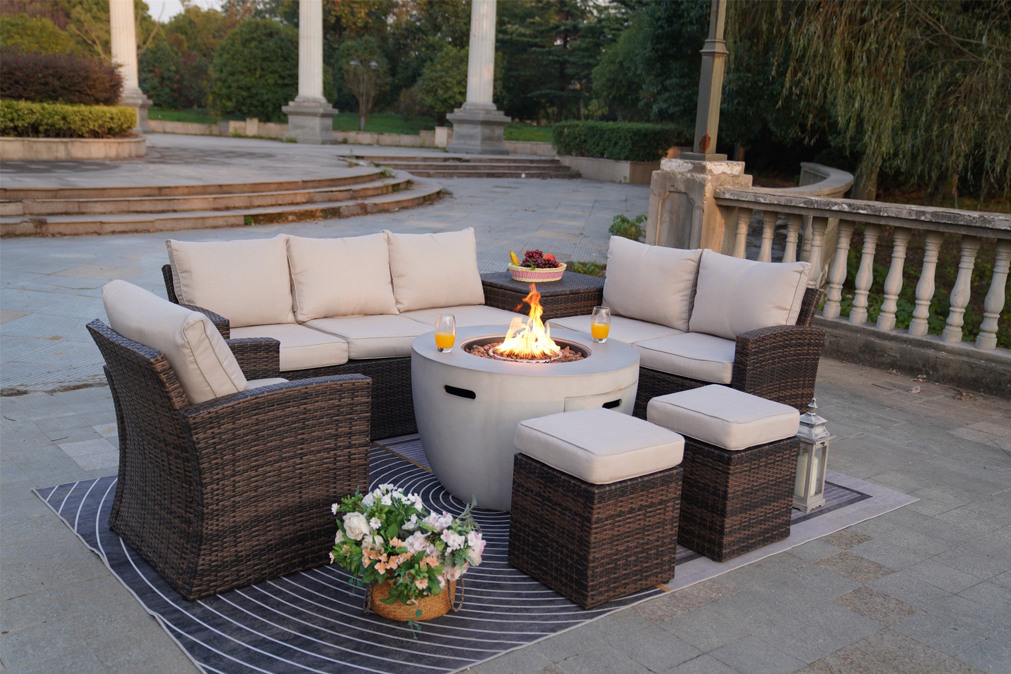 Abrihome Aurora 7PCS Patio Garden Rattan Wicker Dining Sofa Fire Table Set (PAS-1403B+2160)