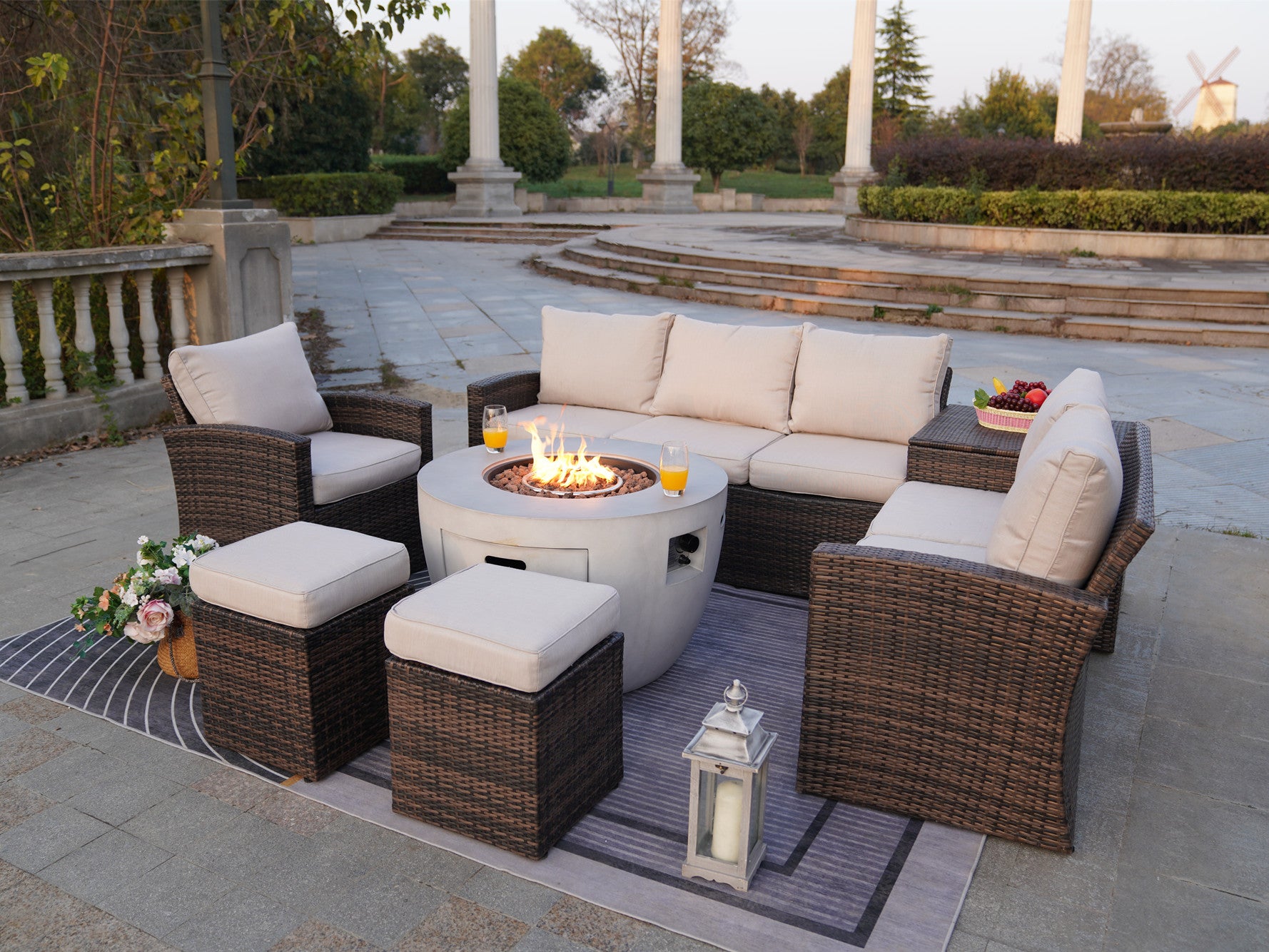 Abrihome Aurora 7PCS Patio Garden Rattan Wicker Dining Sofa Fire Table Set (PAS-1403B+2160)