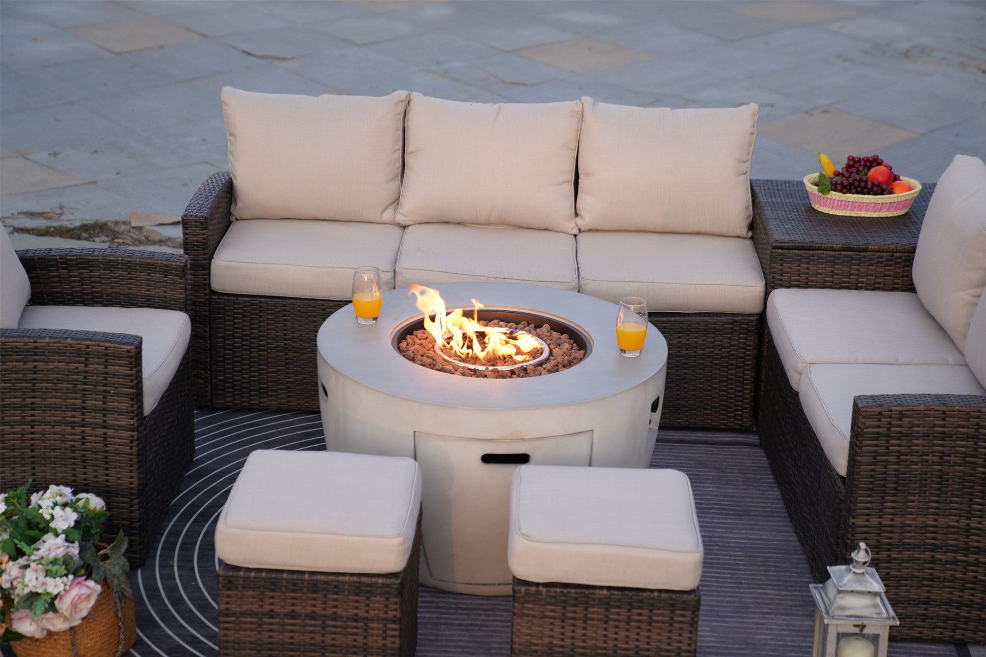 Abrihome Aurora 7PCS Patio Garden Rattan Wicker Dining Sofa Fire Table Set (PAS-1403B+2160)