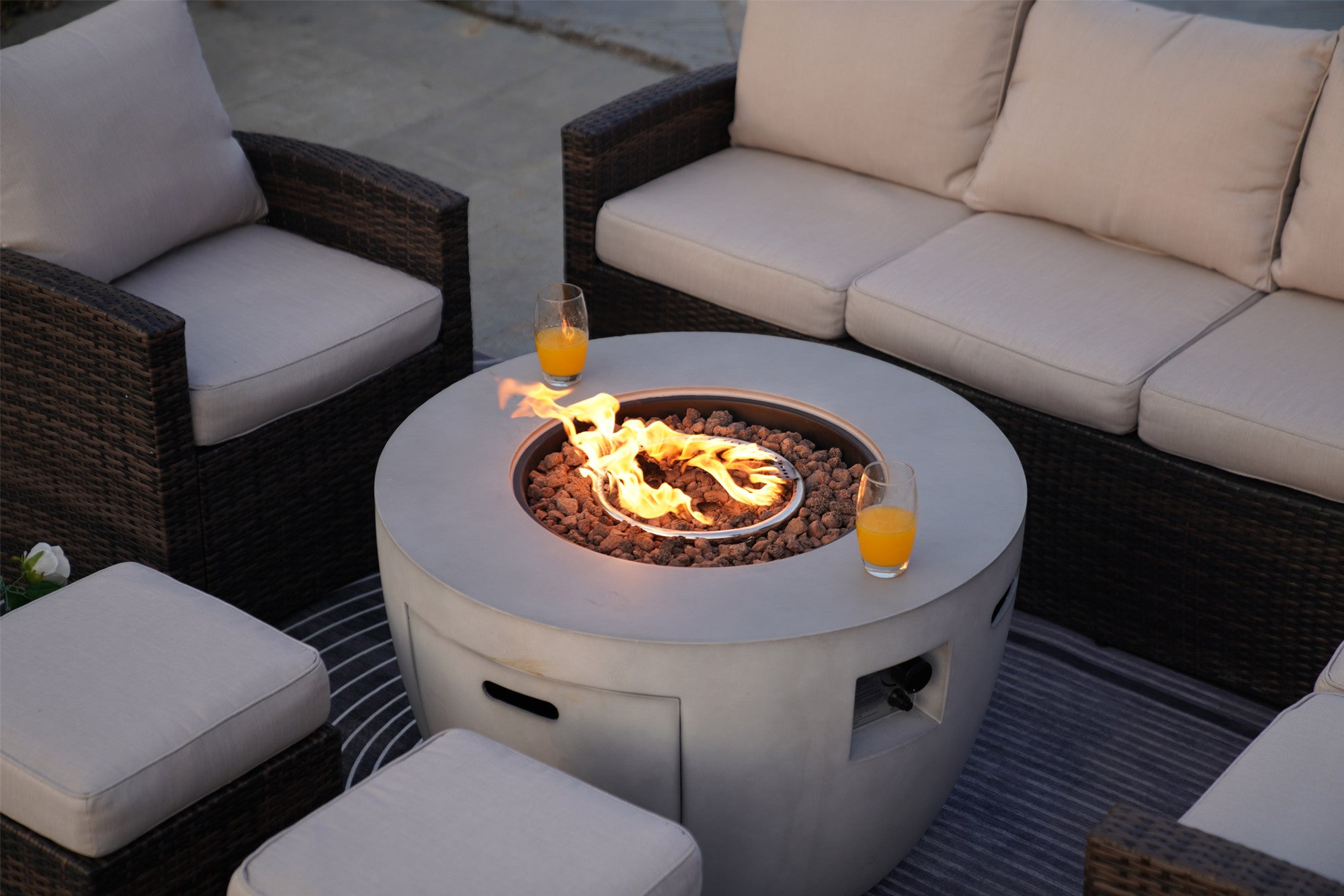 Abrihome Aurora 7PCS Patio Garden Rattan Wicker Dining Sofa Fire Table Set (PAS-1403B+2160)