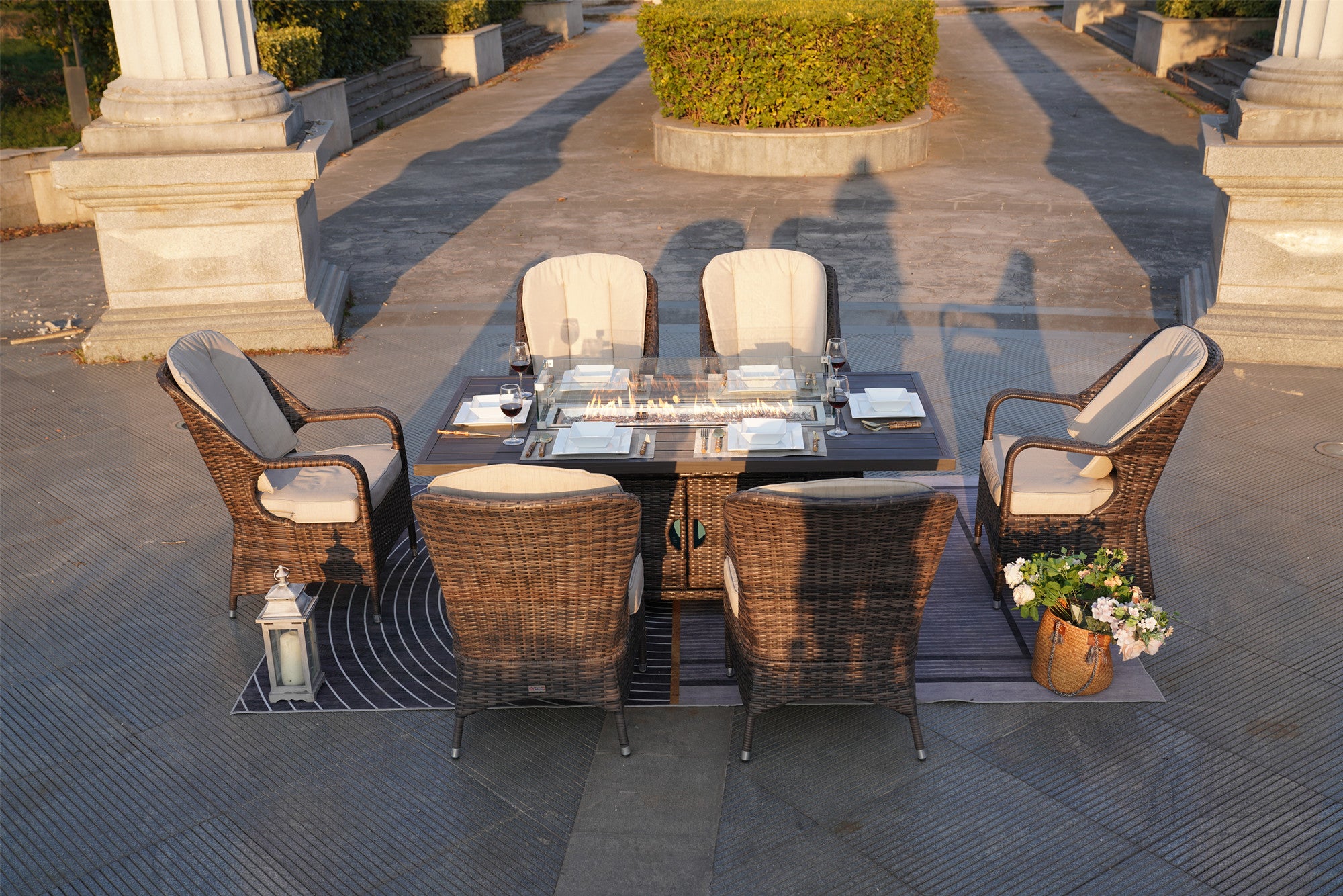 NEW Elegant PE Wicker and Aluminium Patio Dining Sets with Fire Pit Table
