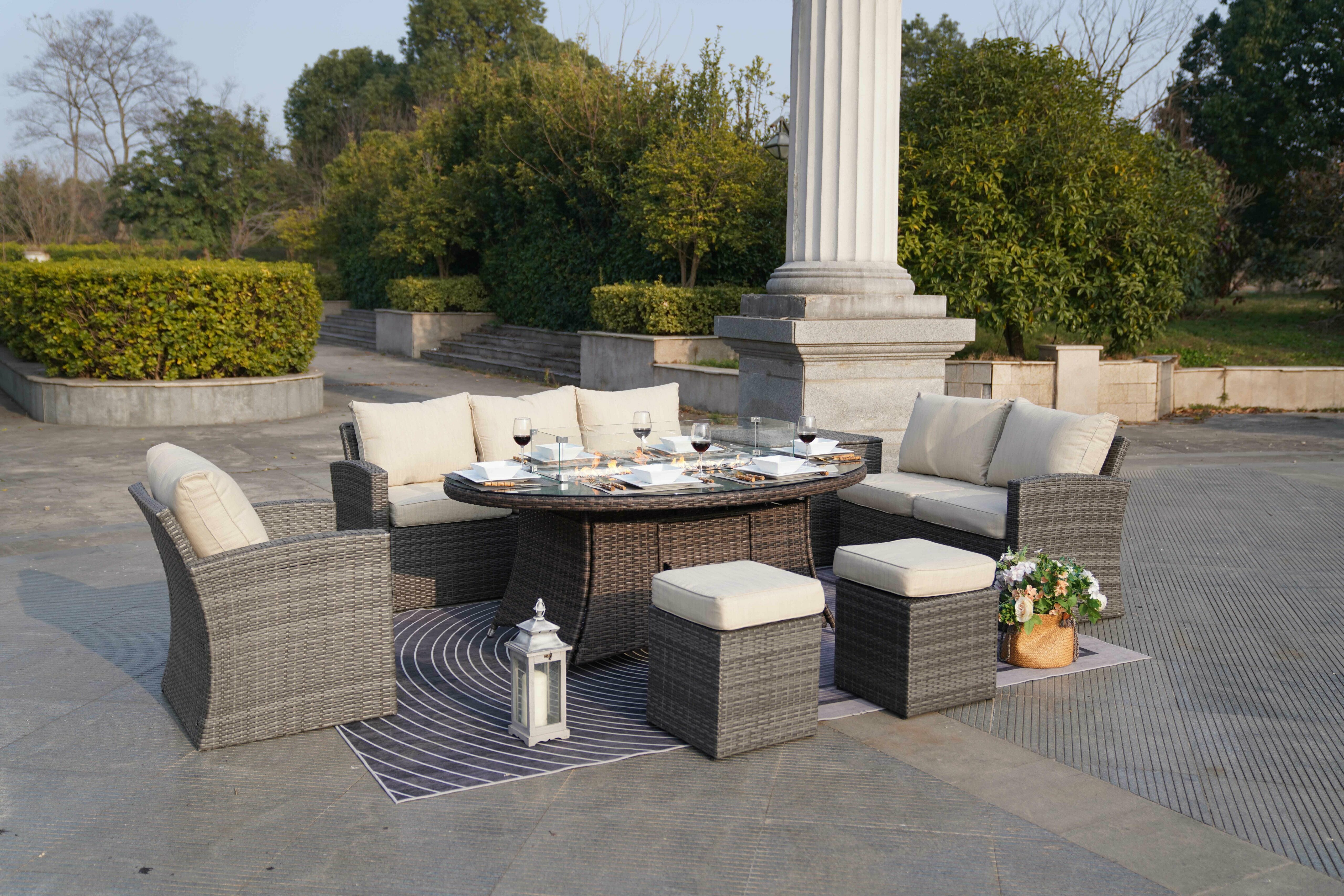7-Piece Patio Conversational Sofa Set with Oval Firepit Dining Table and 2 Ottomans (PAS-1403B+1106O)