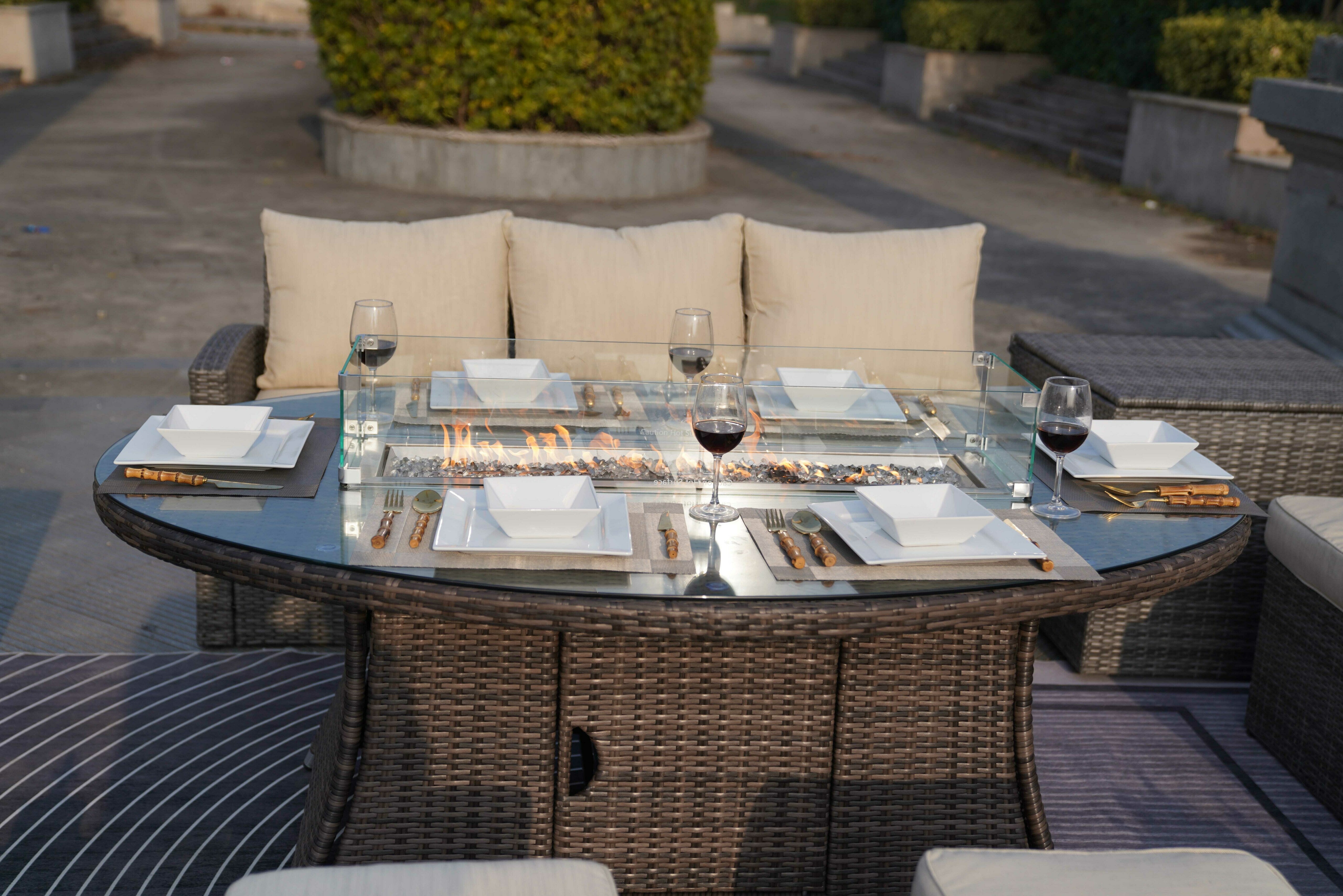 7-Piece Patio Conversational Sofa Set with Oval Firepit Dining Table and 2 Ottomans (PAS-1403B+1106O)