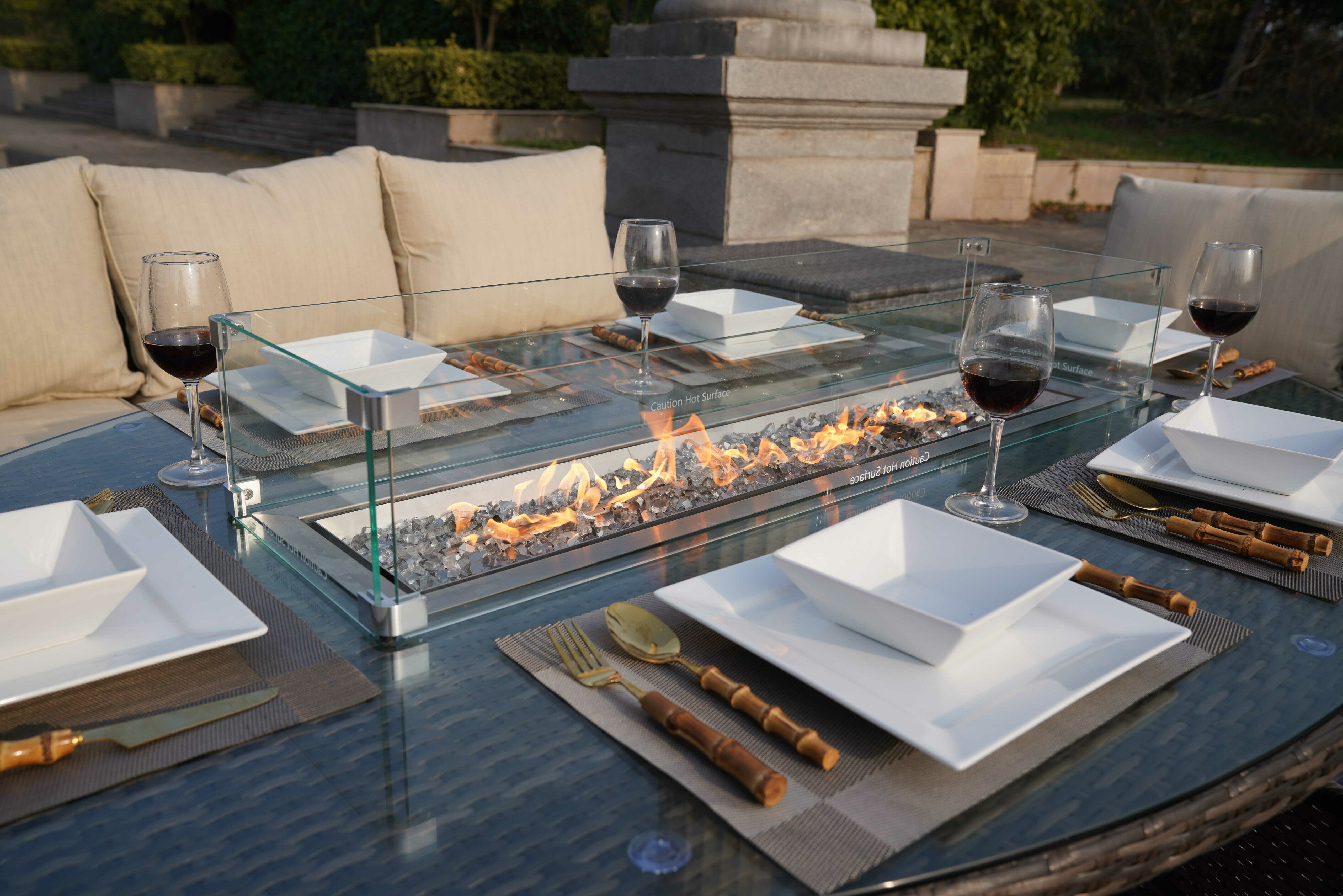 7-Piece Patio Conversational Sofa Set with Oval Firepit Dining Table and 2 Ottomans (PAS-1403B+1106O)
