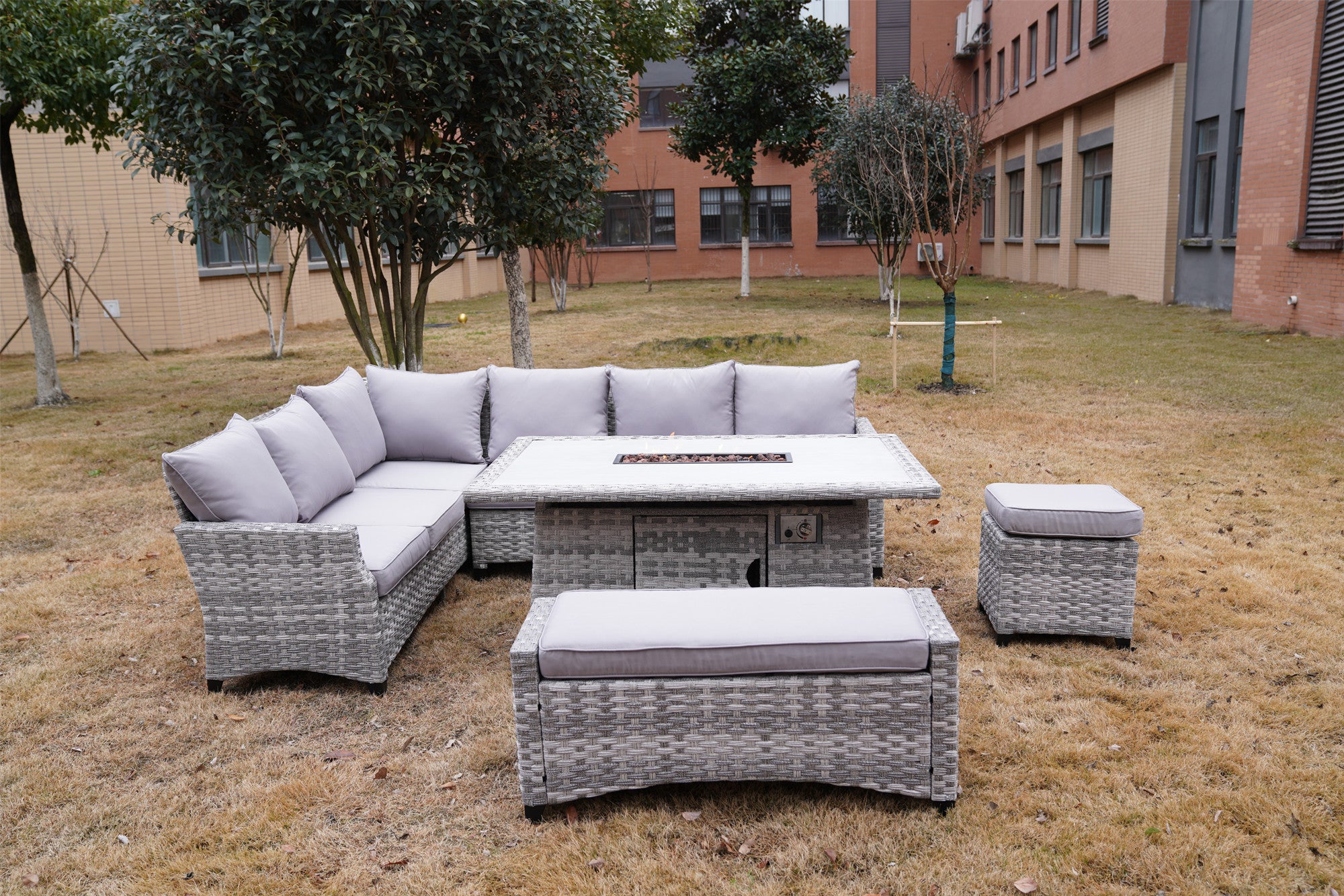 5-Piece Gray Wicker Outdoor Conversational Sofa Set with Fire Pit Table and Ottoman