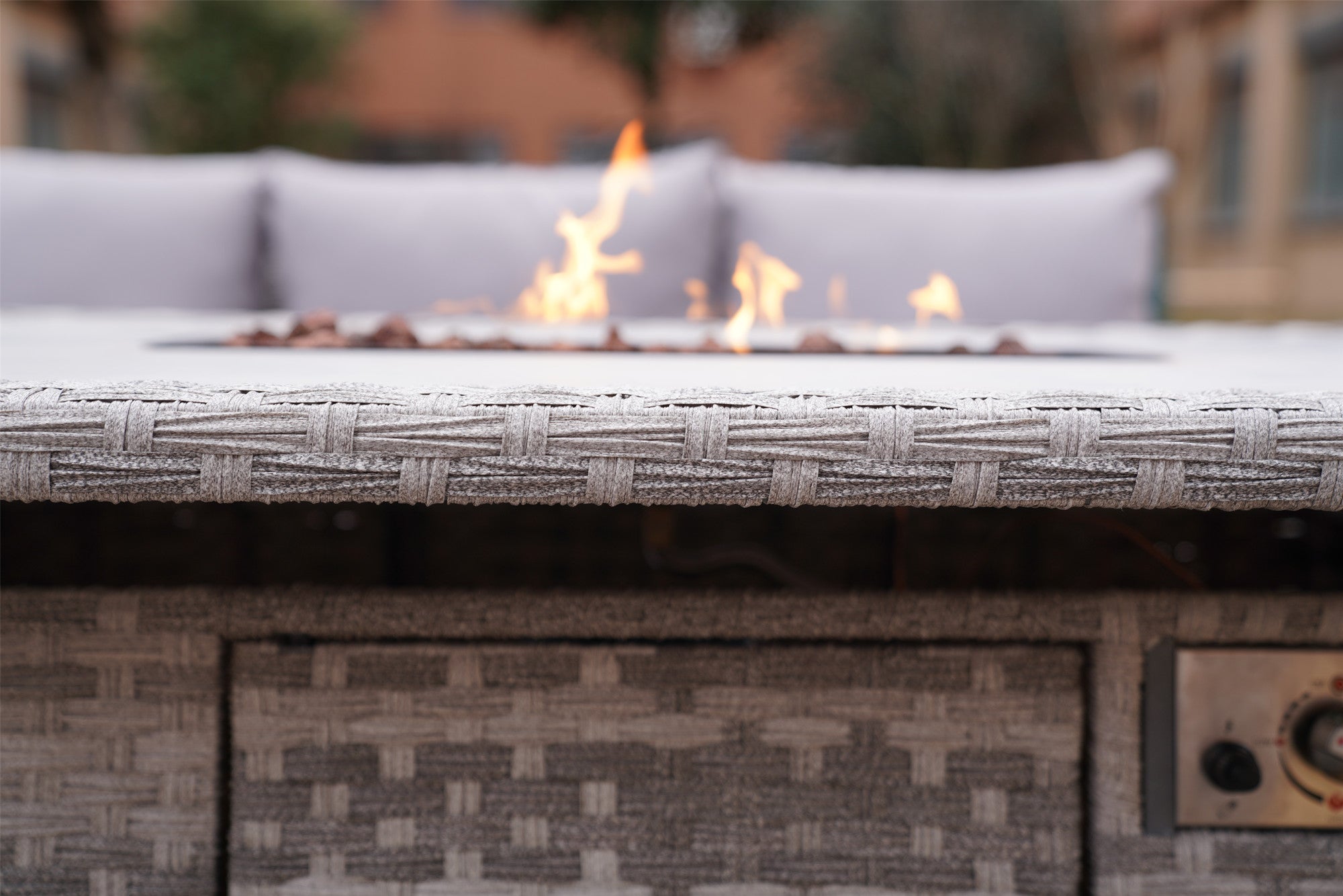 5-Piece Gray Wicker Outdoor Conversational Sofa Set with Fire Pit Table and Ottoman