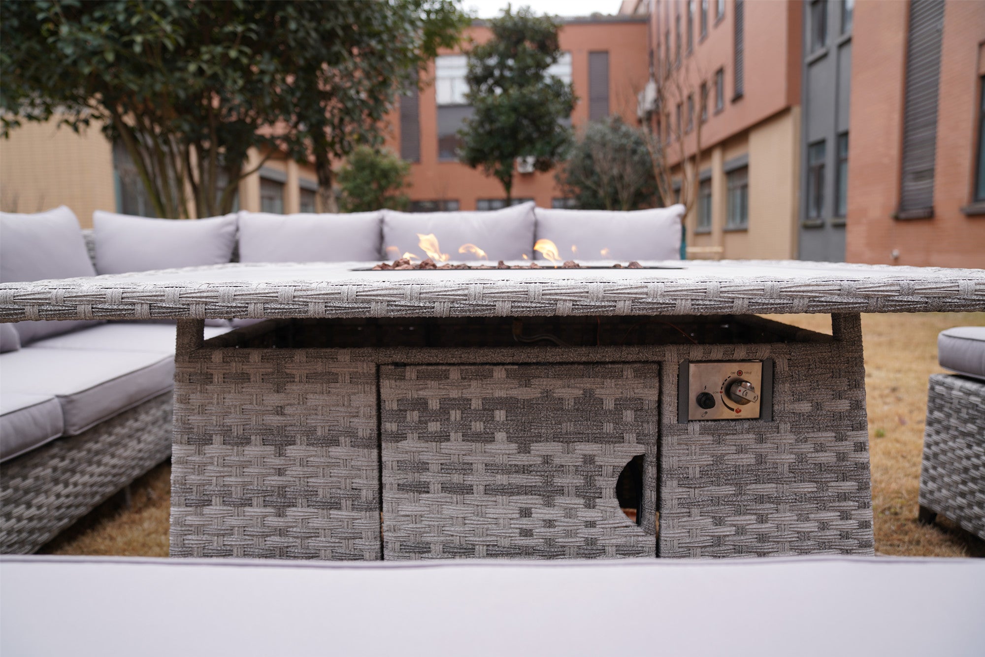 5-Piece Gray Wicker Outdoor Conversational Sofa Set with Fire Pit Table and Ottoman
