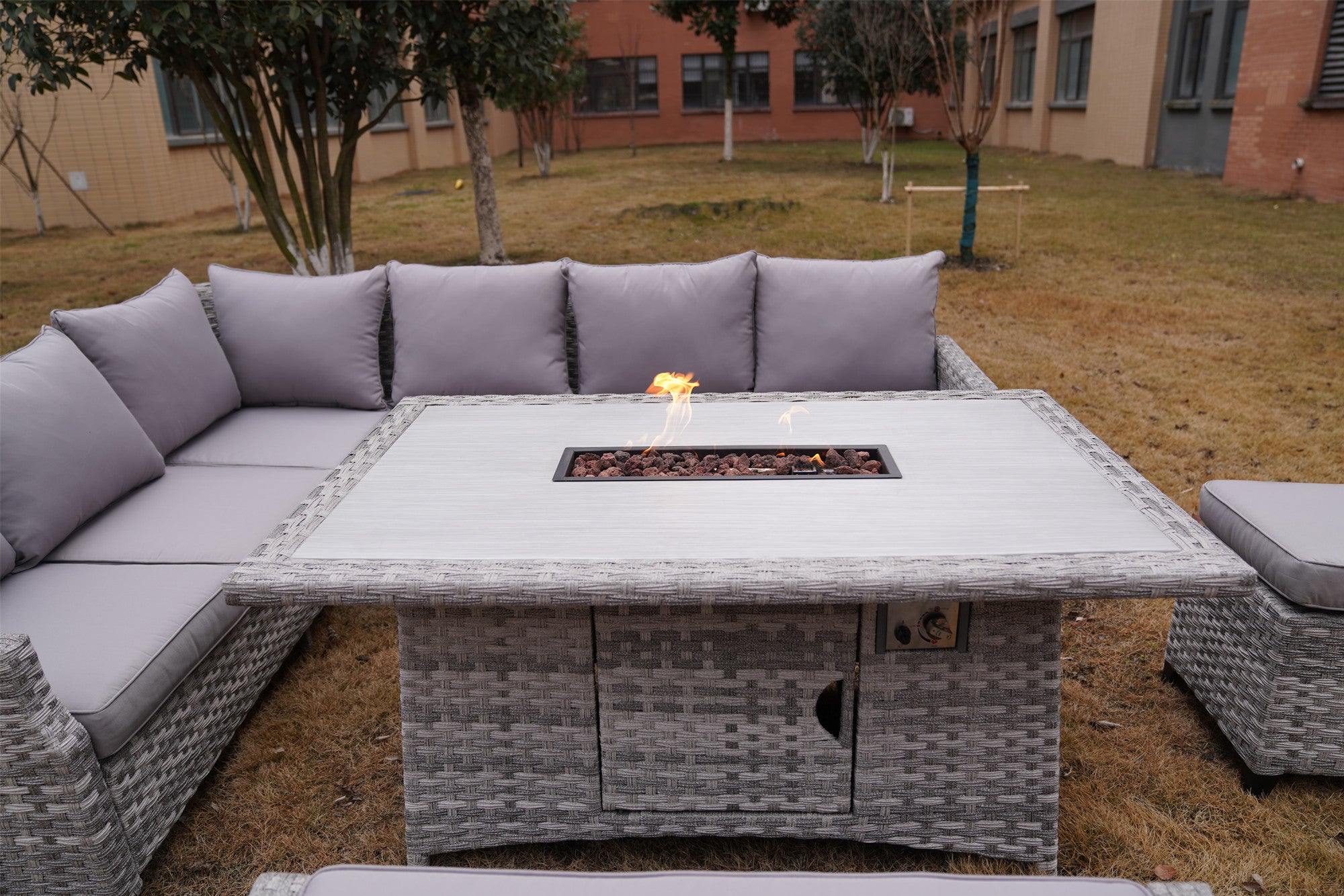 5-Piece Gray Wicker Outdoor Conversational Sofa Set with Fire Pit Table and Ottoman