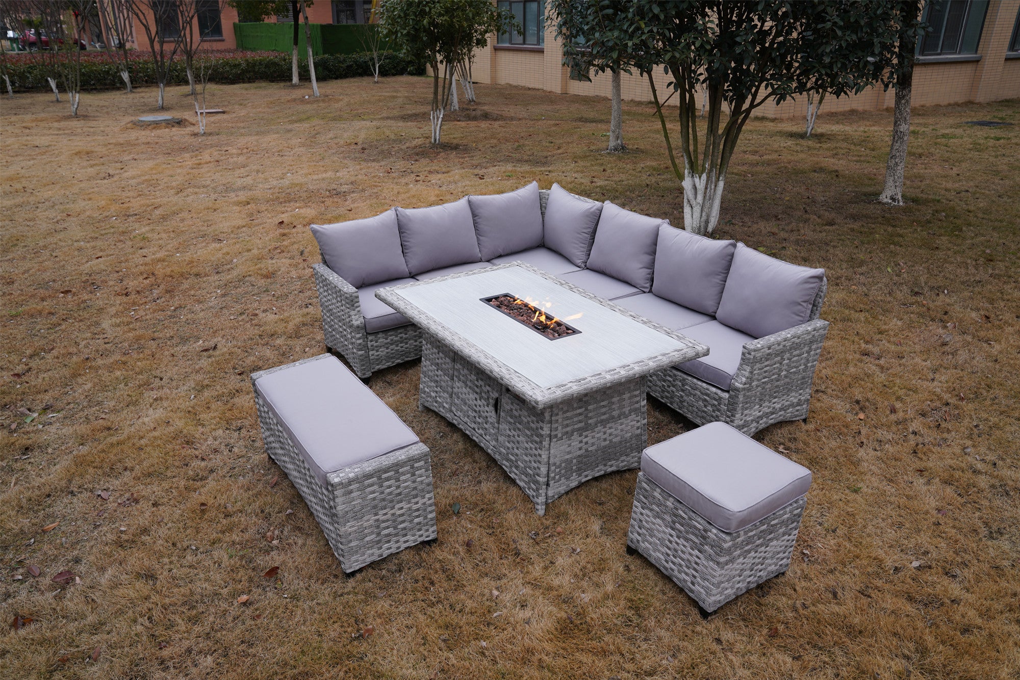 5-Piece Gray Wicker Outdoor Conversational Sofa Set with Fire Pit Table and Ottoman