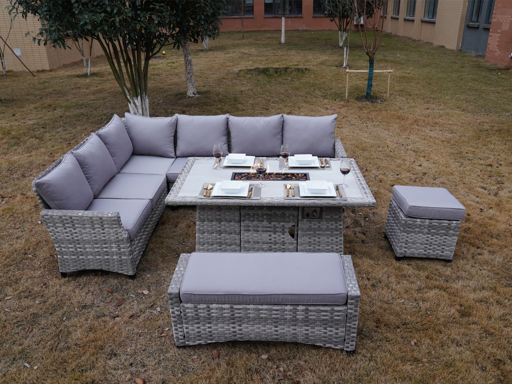 5-Piece Gray Wicker Outdoor Conversational Sofa Set with Fire Pit Table and Ottoman
