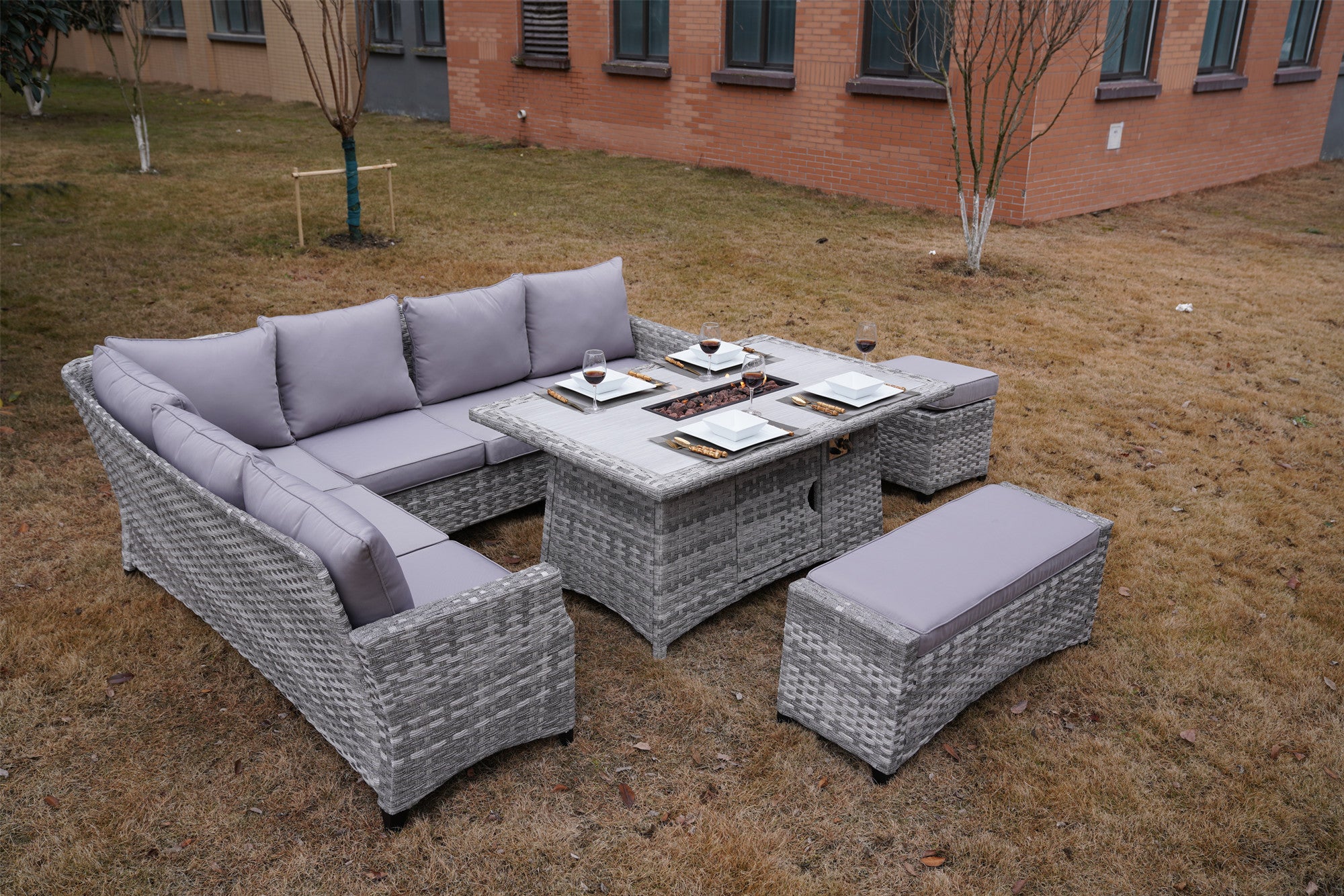 5-Piece Gray Wicker Outdoor Conversational Sofa Set with Fire Pit Table and Ottoman
