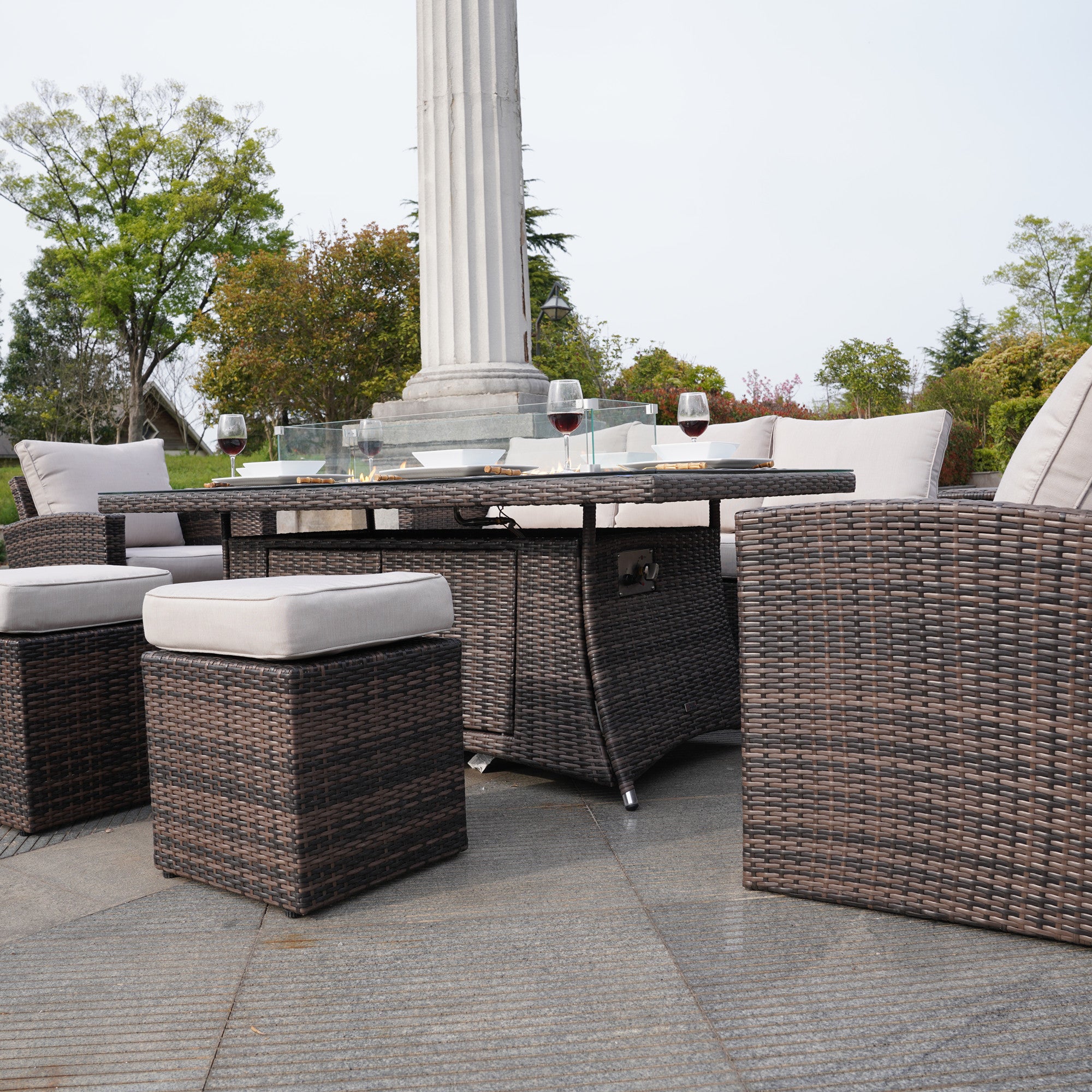 Outdoor Brown 7-Piece Wicker Patio Fire Pit Conversation Set with Gray Cushions