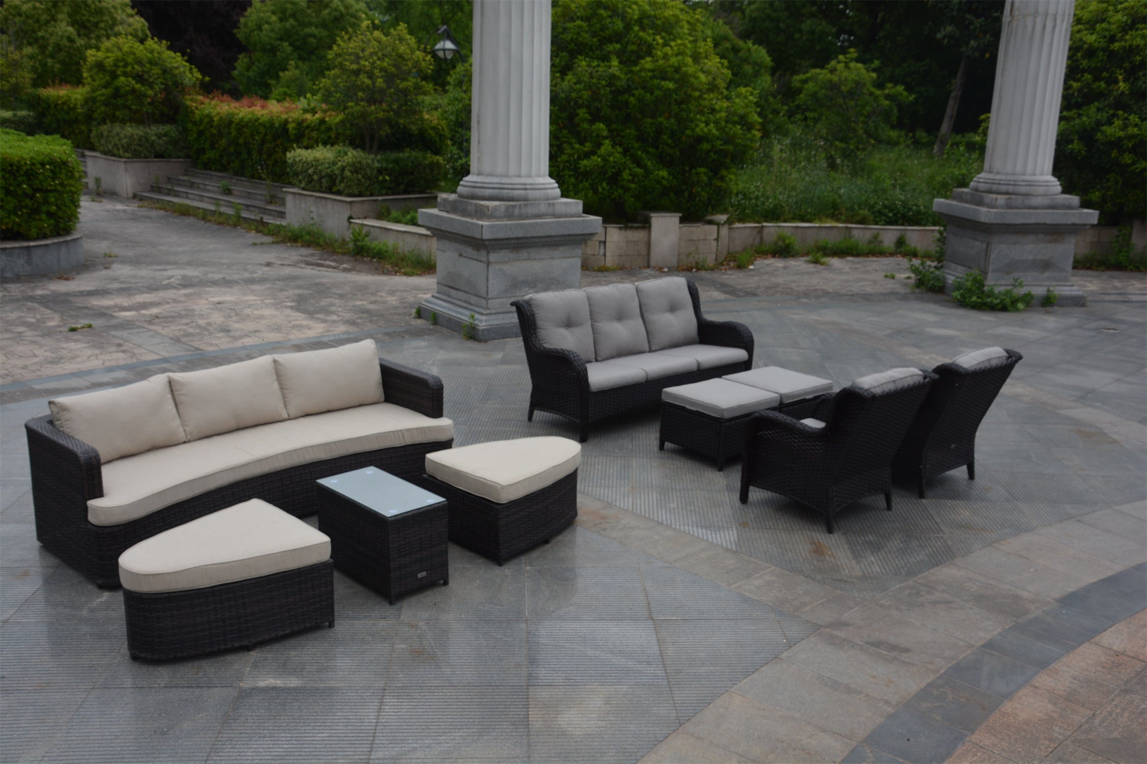 Gray 5-Piece Wicker Patio Conversation Seating Set with Gray Cushions and Cochran 4 Piece Deep Seating Group Daybed with Cushions