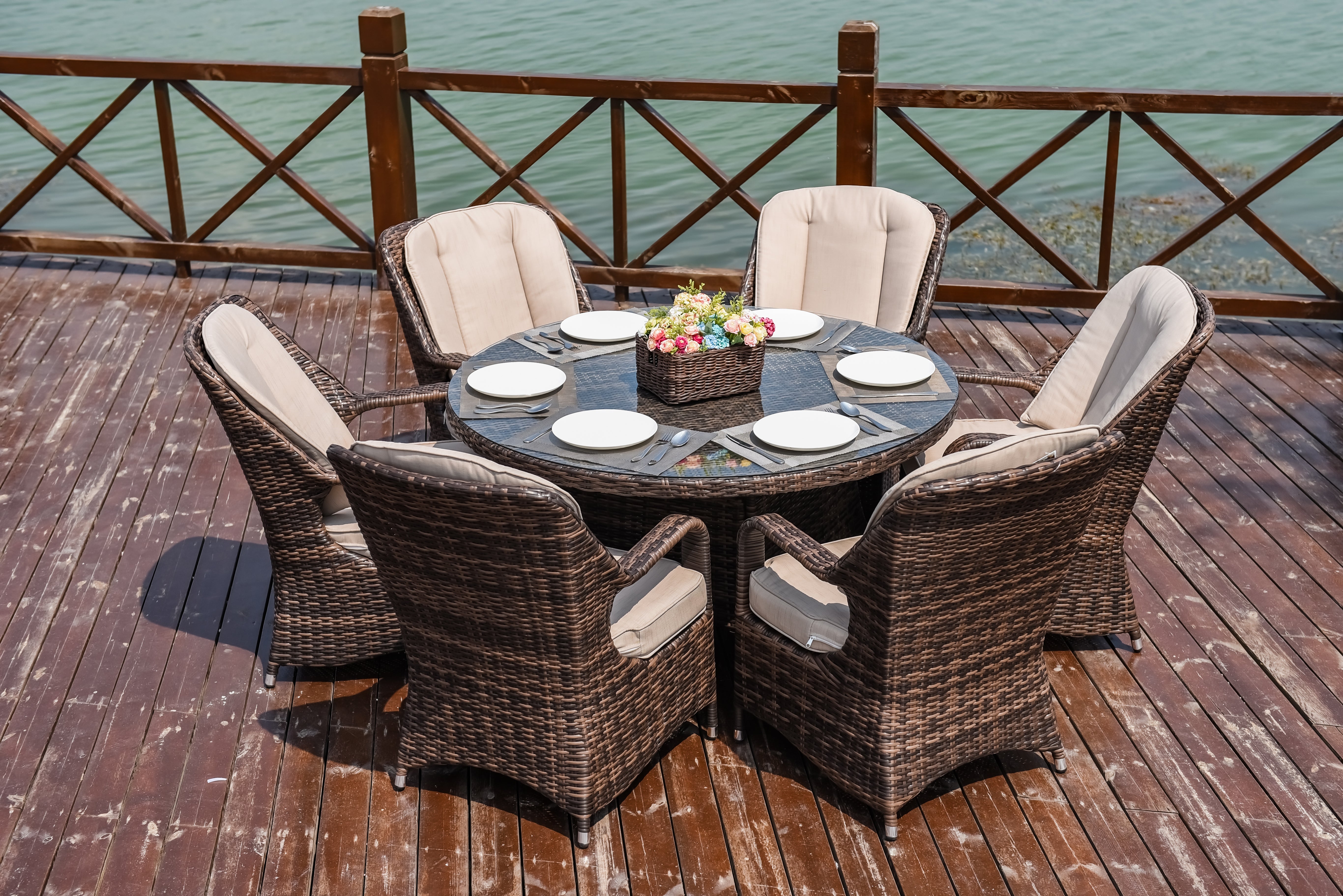 Abrihome Cinderella Brown Wicker 7 Pieces Round Table Patio Dining Set (PAD-1711+009)