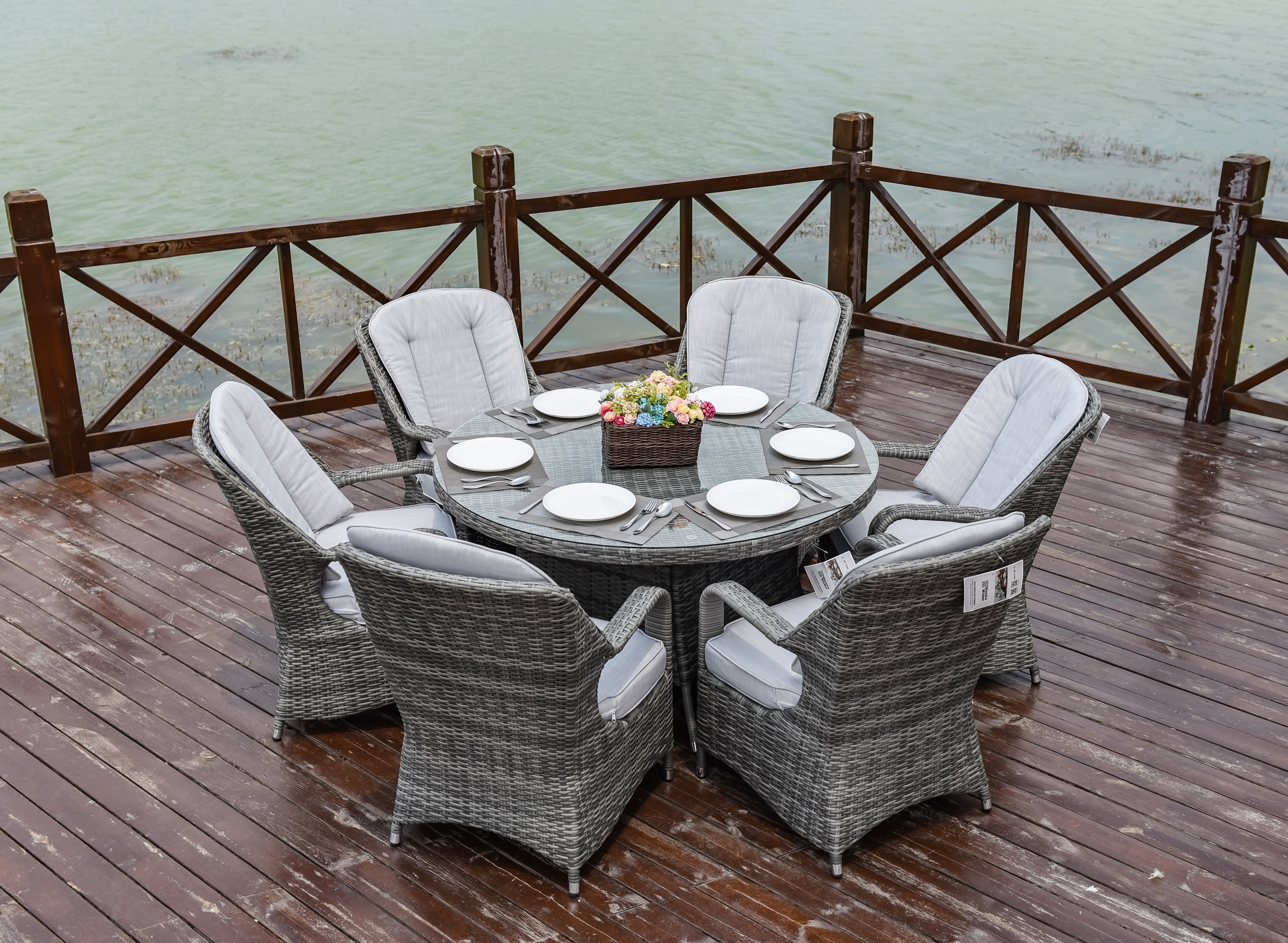 Abrihome Cinderella Brown Wicker 7 Pieces Round Table Patio Dining Set