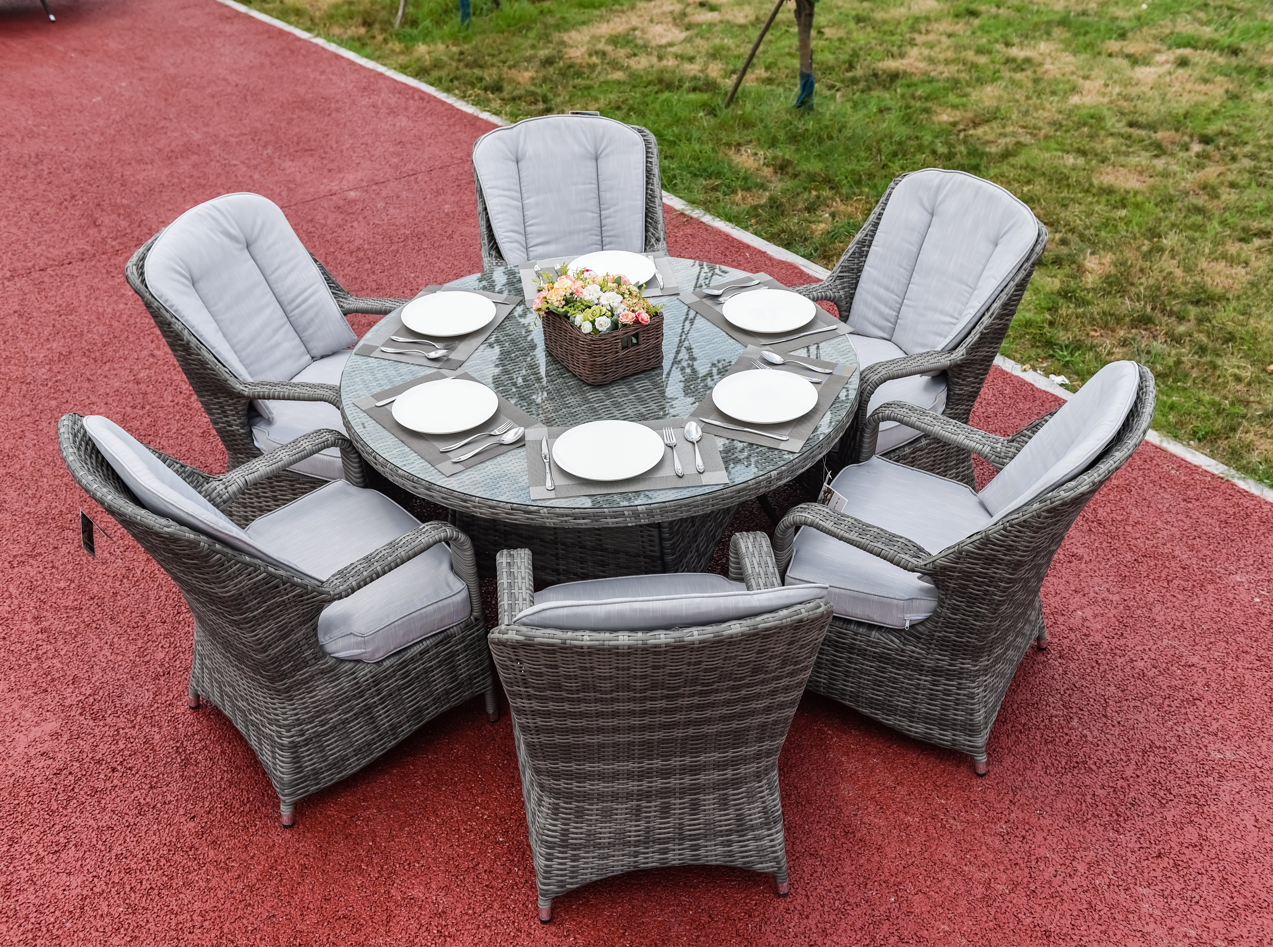 Abrihome Cinderella Brown Wicker 7 Pieces Round Table Patio Dining Set