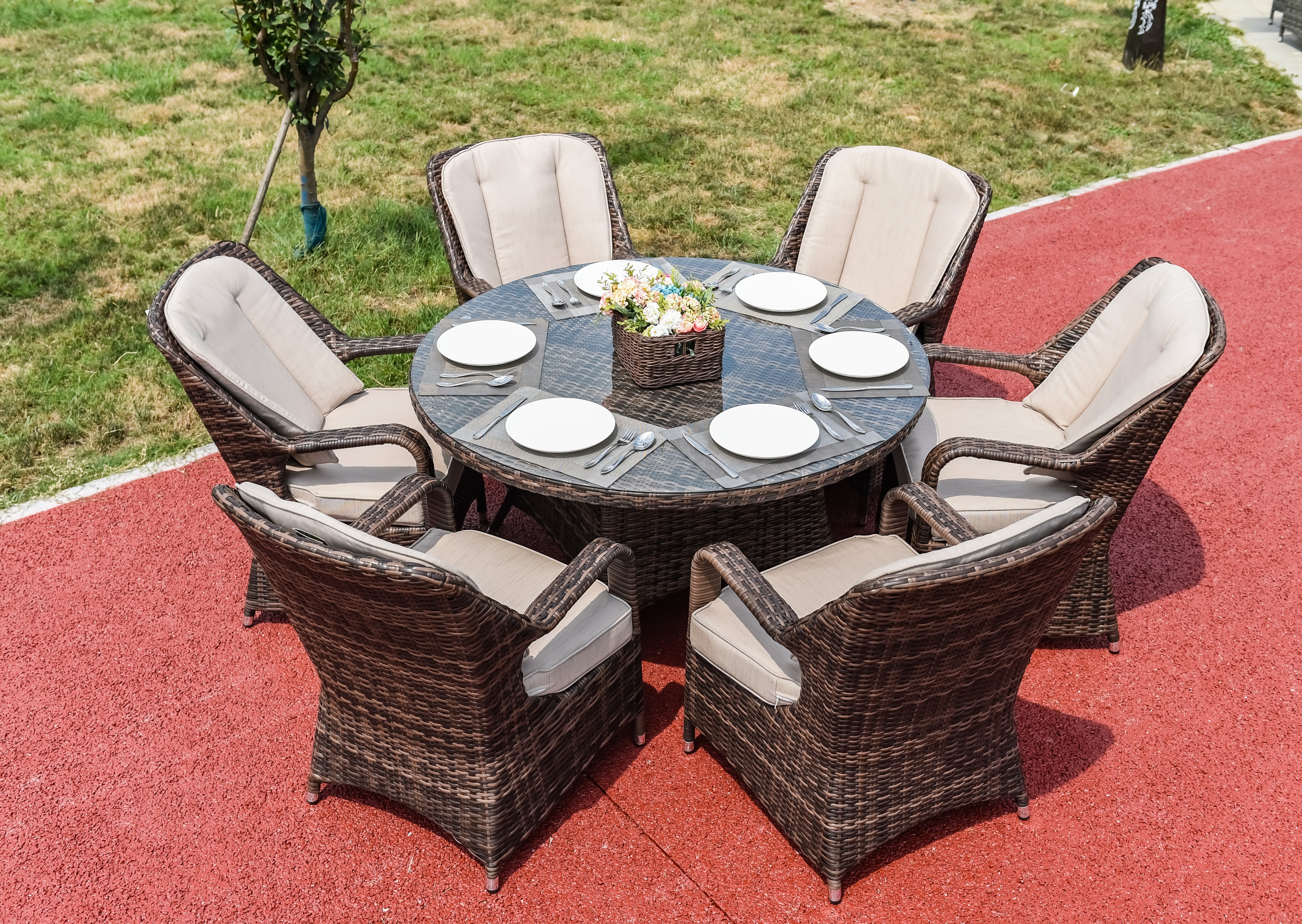Abrihome Cinderella Brown Wicker 7 Pieces Round Table Patio Dining Set (PAD-1711+009)