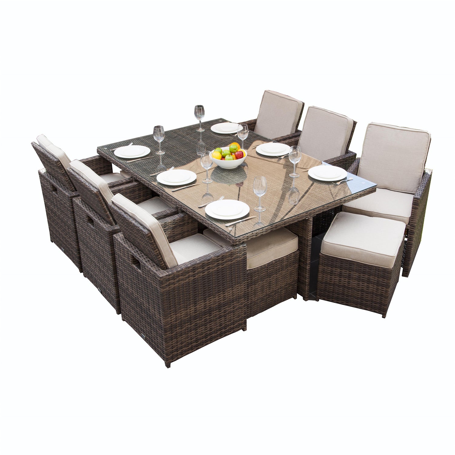 A 10-piece outdoor furniture set made of wicker, including a dining table and stools, which can be freely combined to suit family gatherings