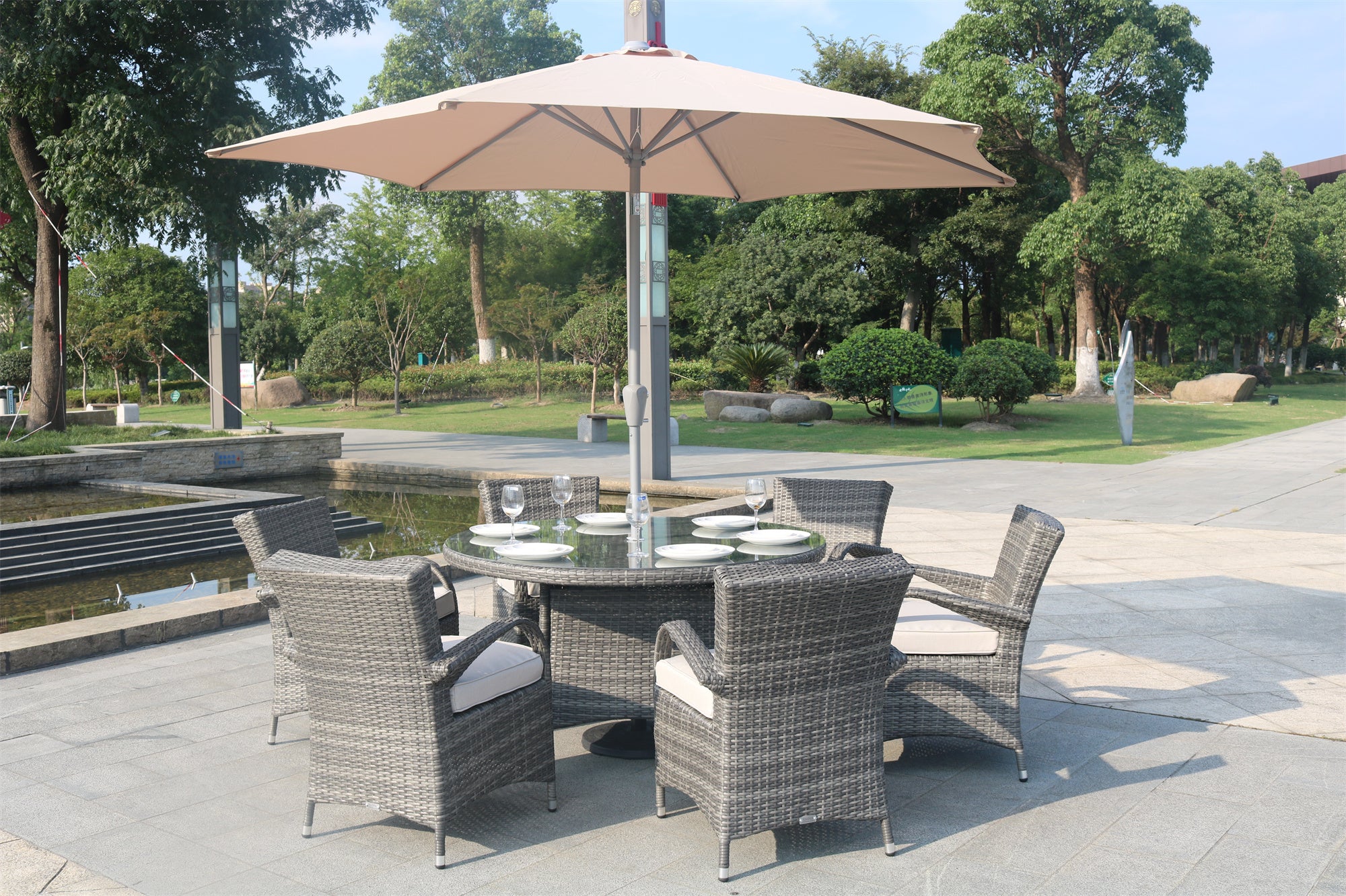 Abrihome Garden Rattan Outdoor Furniture Patio Brown Wicker 7 Pieces Round Table Patio Dining Set (PAD-1122)