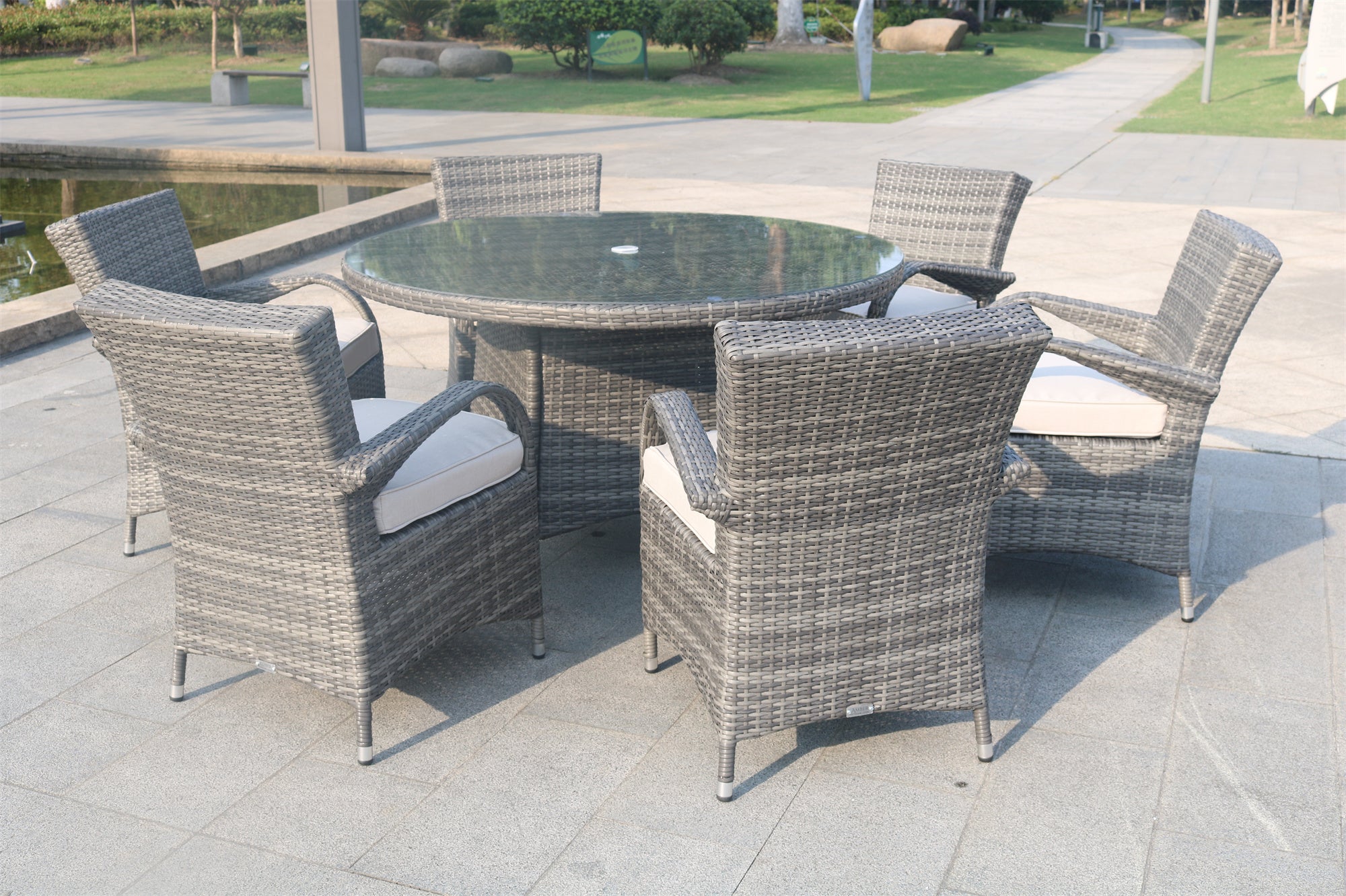 Abrihome Garden Rattan Outdoor Furniture Patio Brown Wicker 7 Pieces Round Table Patio Dining Set (PAD-1122)