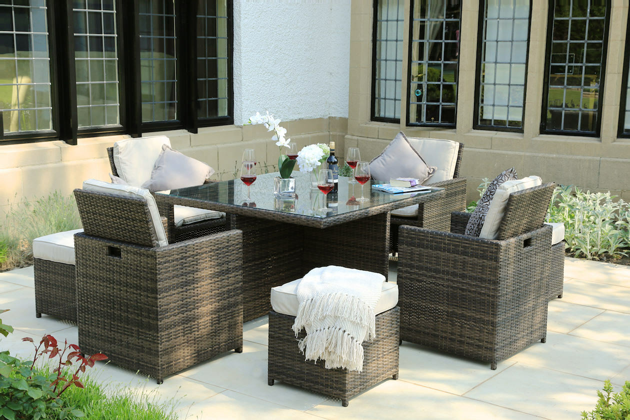 9 Pieces Patio Furniture Brown Wicker Rattan Dining Sets with Beige Cushion and Ottomans