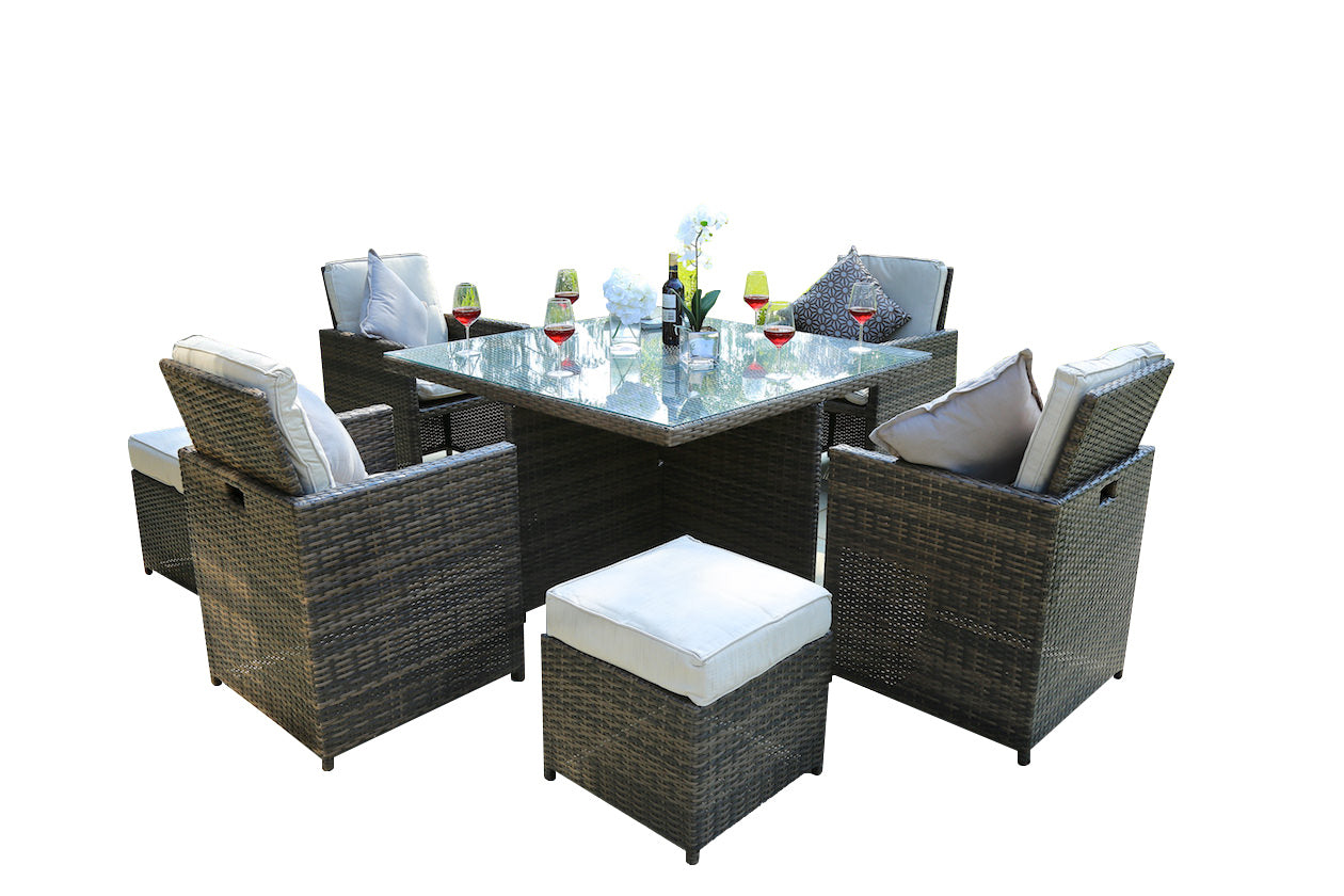 9 Pieces Patio Furniture Brown Wicker Rattan Dining Sets with Beige Cushion and Ottomans
