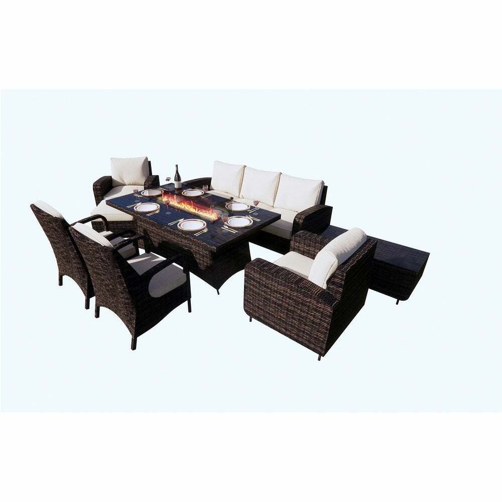 Patio Wicker Fire Pit Dining Table with Sofa Set(BBQ Plate needs to be purchased separately)