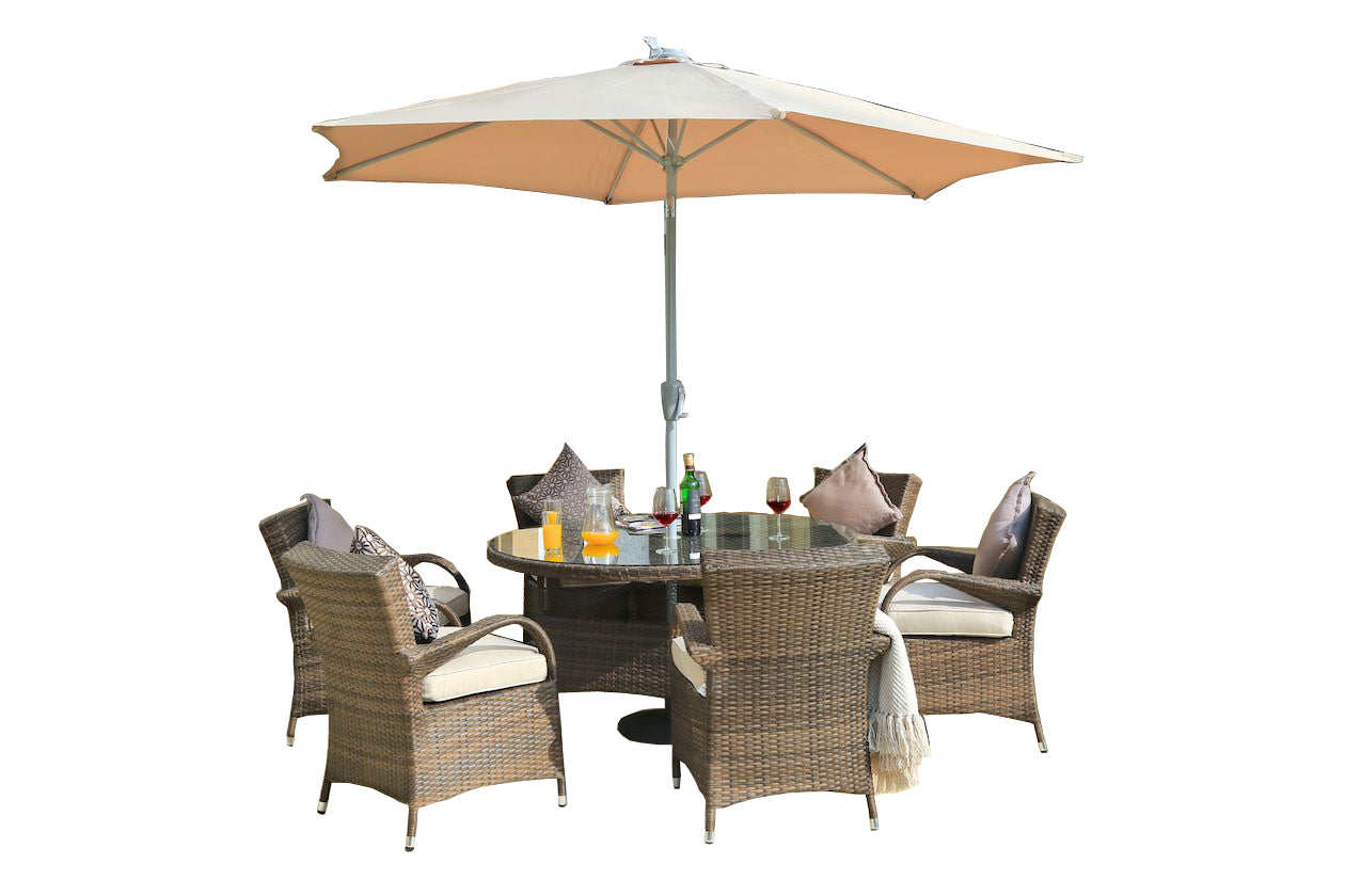 Abrihome Garden Rattan Outdoor Furniture Patio Brown Wicker 7 Pieces Round Table Patio Dining Set (PAD-1122)