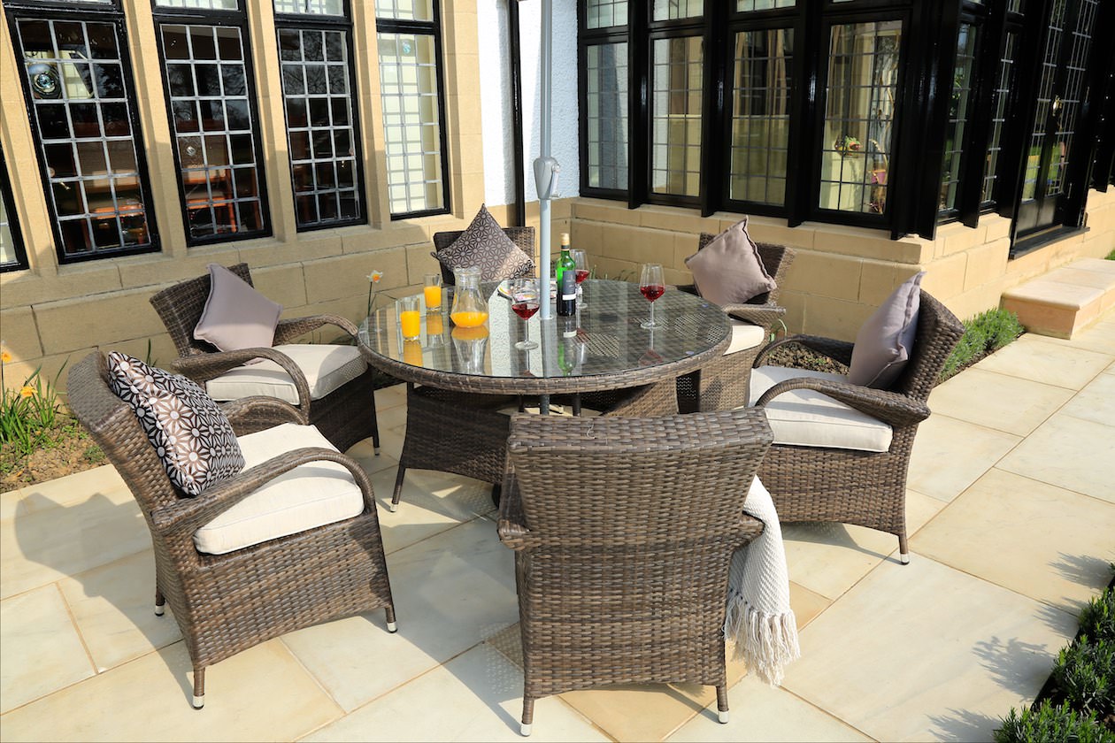 Abrihome Garden Rattan Outdoor Furniture Patio Brown Wicker 7 Pieces Round Table Patio Dining Set (PAD-1122)