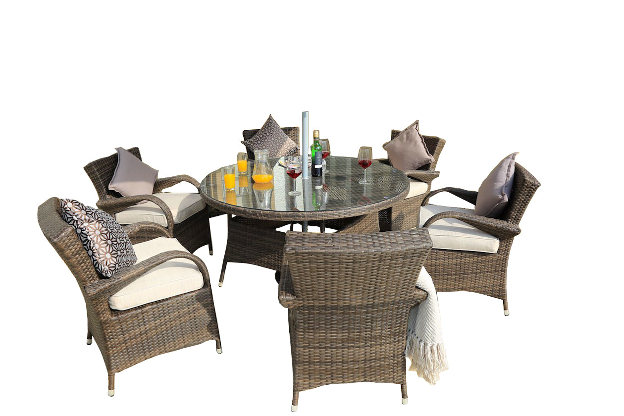 Abrihome Garden Rattan Outdoor Furniture Patio Brown Wicker 7 Pieces Round Table Patio Dining Set (PAD-1122)