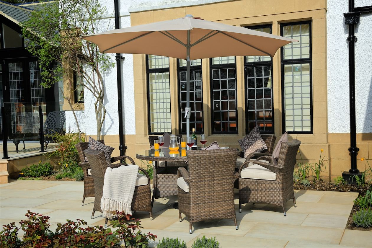Abrihome Garden Rattan Outdoor Furniture Patio Brown Wicker 7 Pieces Round Table Patio Dining Set (PAD-1122)