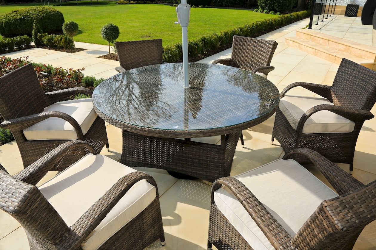 Abrihome Garden Rattan Outdoor Furniture Patio Brown Wicker 7 Pieces Round Table Patio Dining Set (PAD-1122)