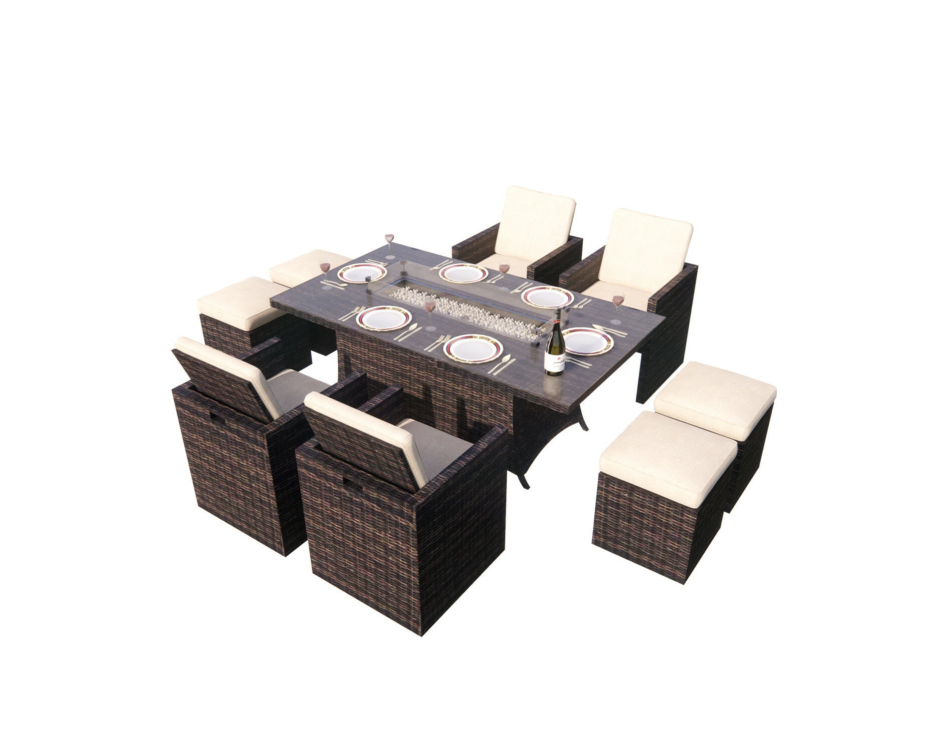 Abrihome 9-Piece Outdoor Rectangle Gas Fire Table Patio Wicker Dining Set (PAG-1106R+3233B)